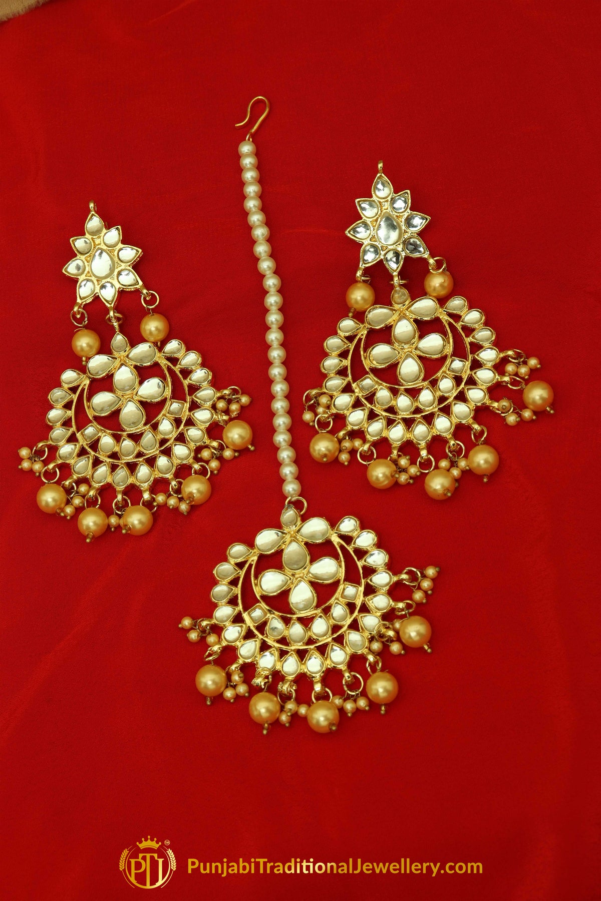 Golden Kundan Earring Tikka Set By Punjabi Traditional Jewellery