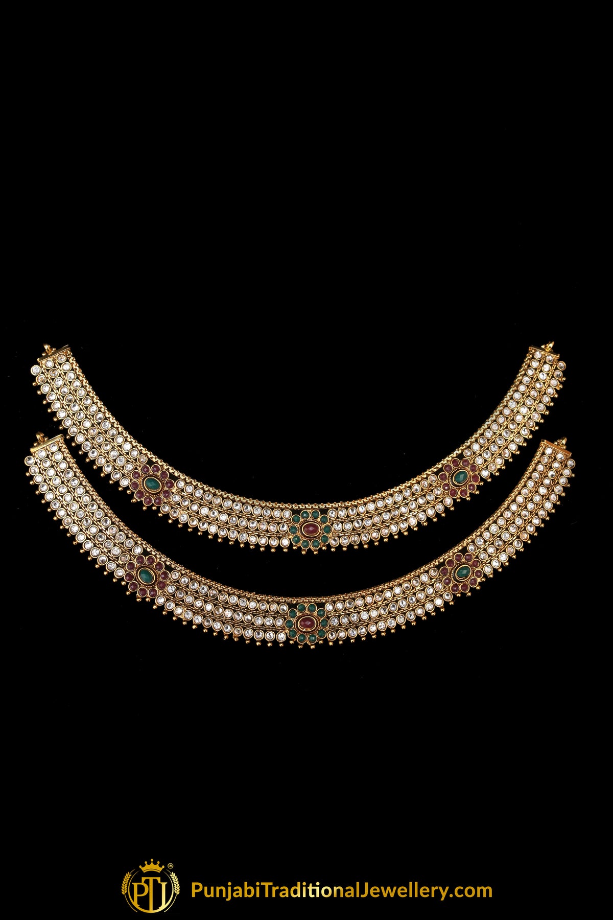 Red &  Green Antique Gold, Polki Payal By Punjabi Traditional Jewellery