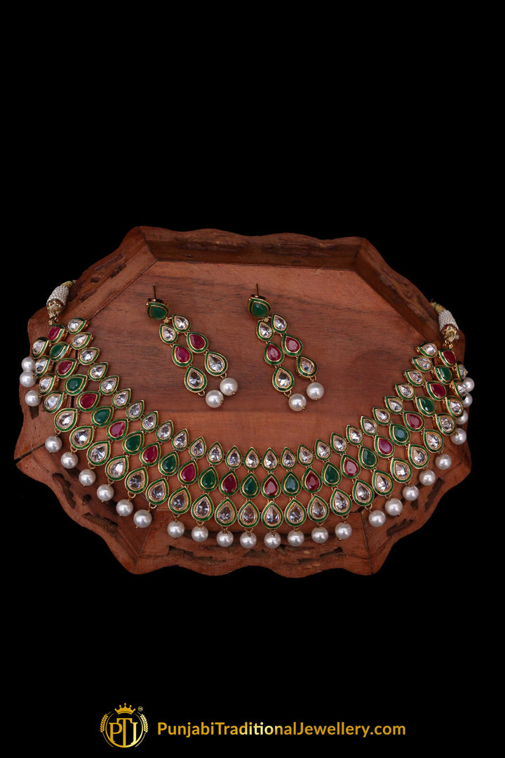 Green Red Pearl Kundan Necklace Set By Punjabi Traditional Jewellery
