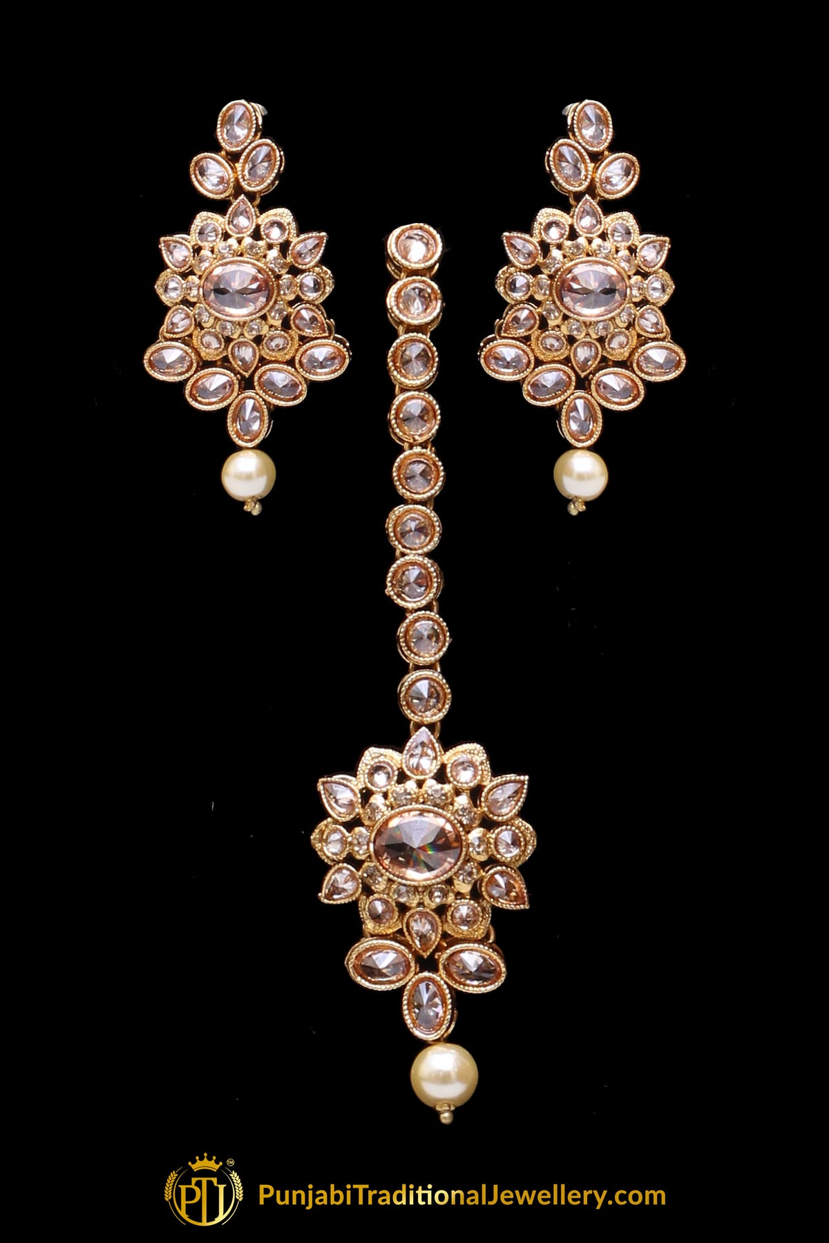 Champagne Stone Antique Gold Necklace Set By Punjabi Traditional Jewellery