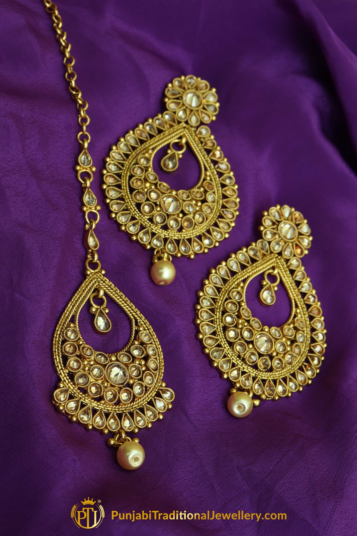 Golden Polki Pearl Earrings Tikka Set By Punjabi Traditional Jewellery