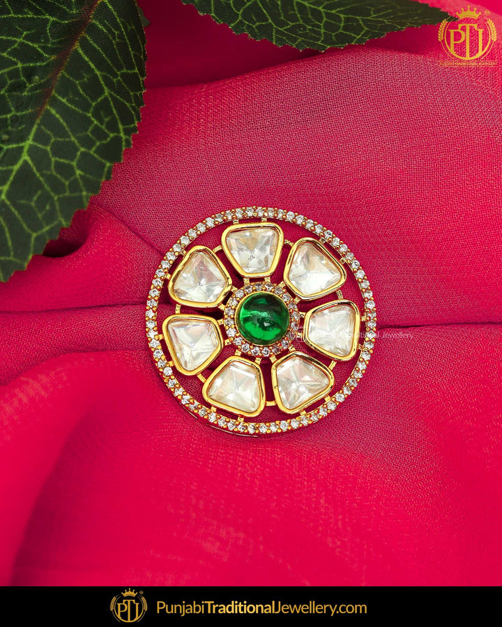 Gold Finished Emerald Kundan Ring | Punjabi Traditional Jewellery Exclusive