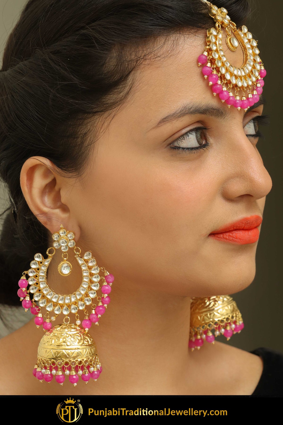 Iftin Gold Finished Pearl Pink Jhumki Kundan Earring Tikka Set | Punjabi Traditional Jewellery Exclusive
