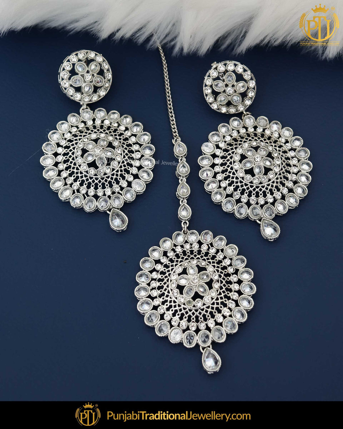 Silver  Finished Polki Earring Tikka Set | Punjabi Traditional Jewellery Exclusive