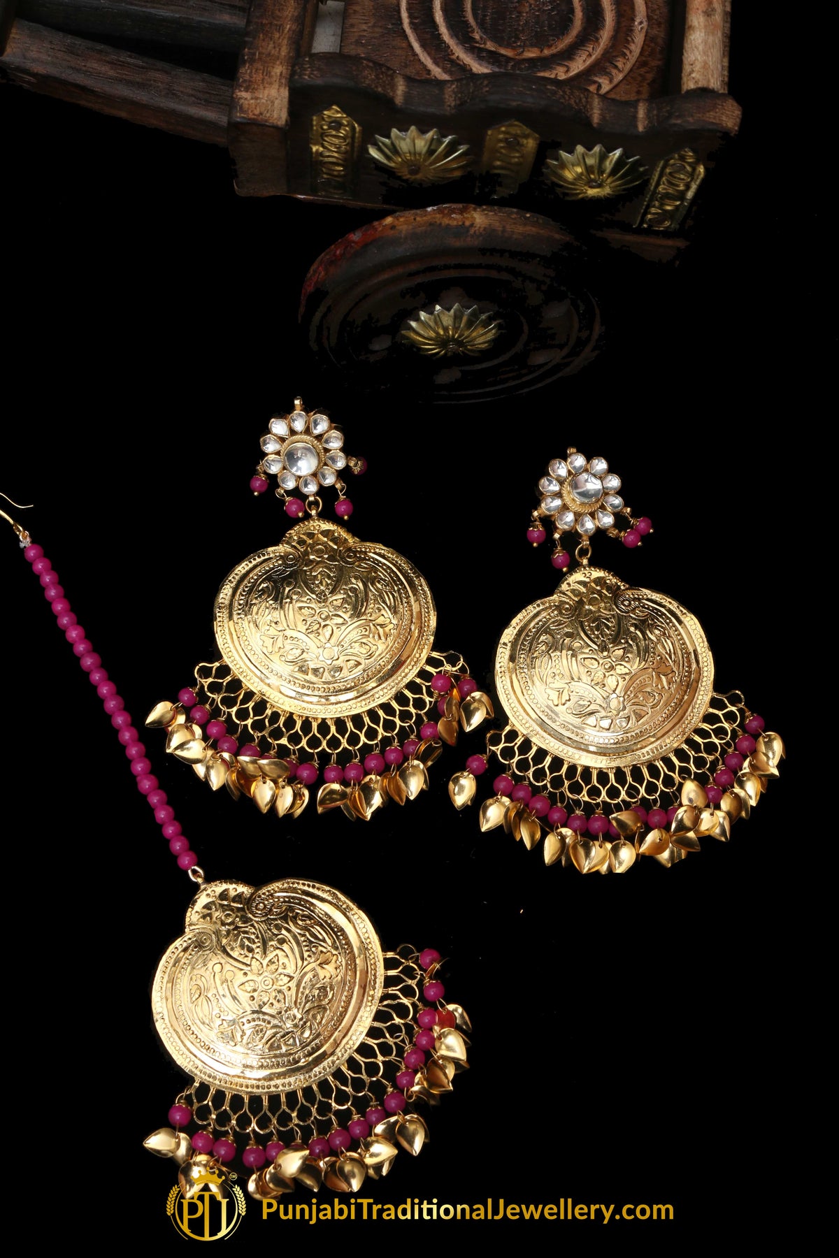 Pink Earring Tikka Set By Punjabi Traditional Jewellery