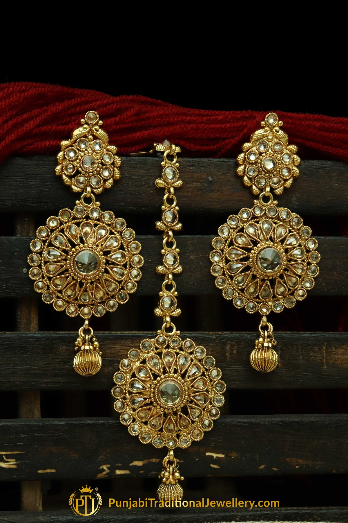 Golden Polki Earrings Tikka Set By Punjabi Traditional Jewellery