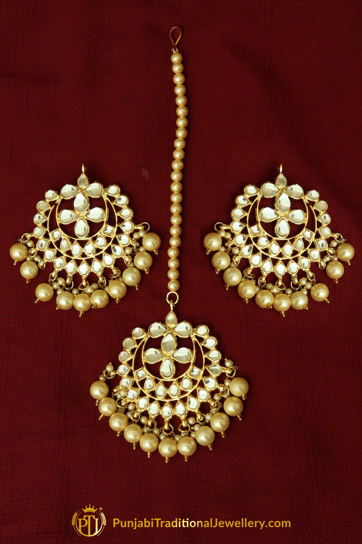 Golden Kundan Earring Tikka Set By Punjabi Traditional Jewellery