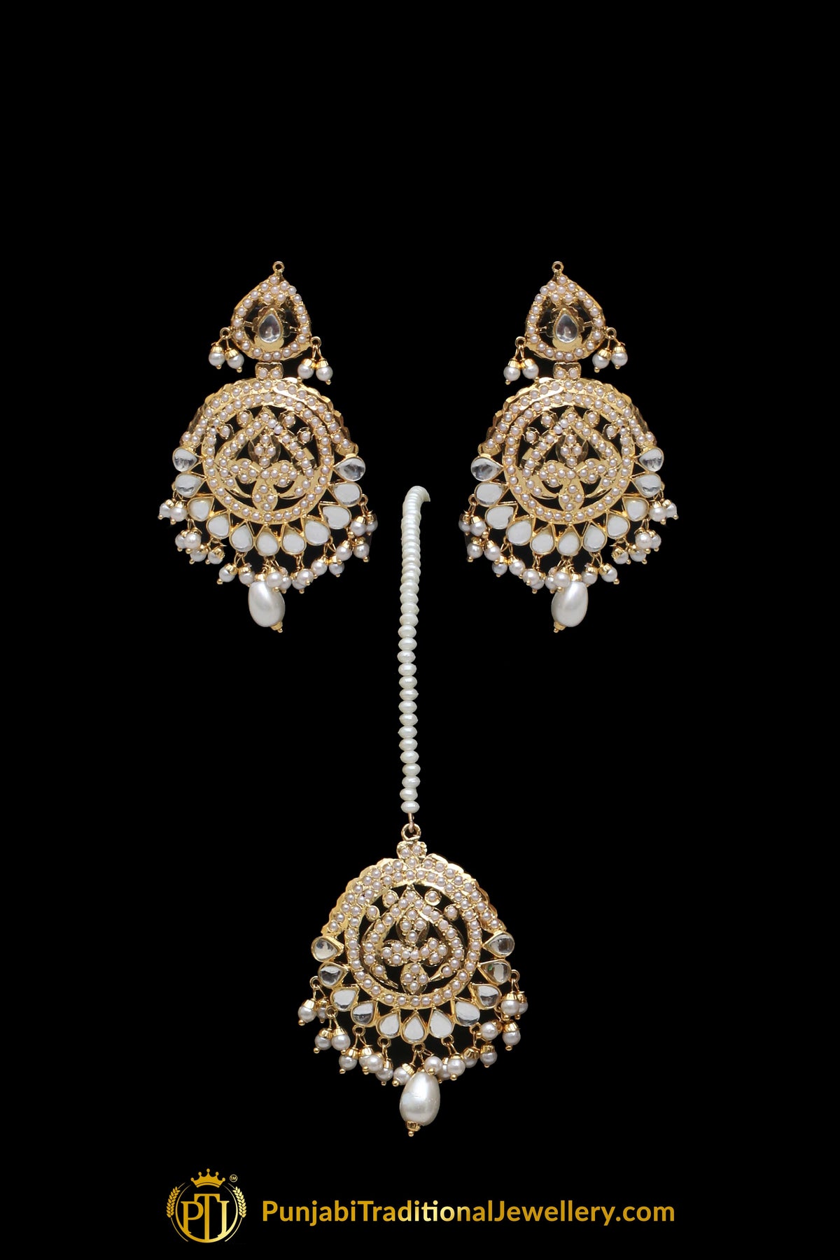 Golden Jadau Pearl Kundan Necklace Set By Punjabi Taditional Jewellery