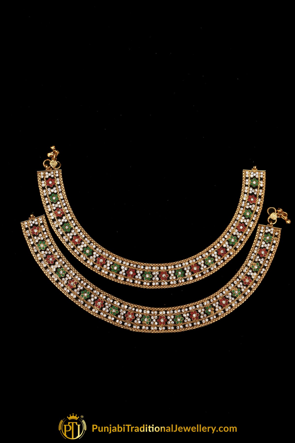 Red &  Green Antique Gold, Polki Payal By Punjabi Traditional Jewellery