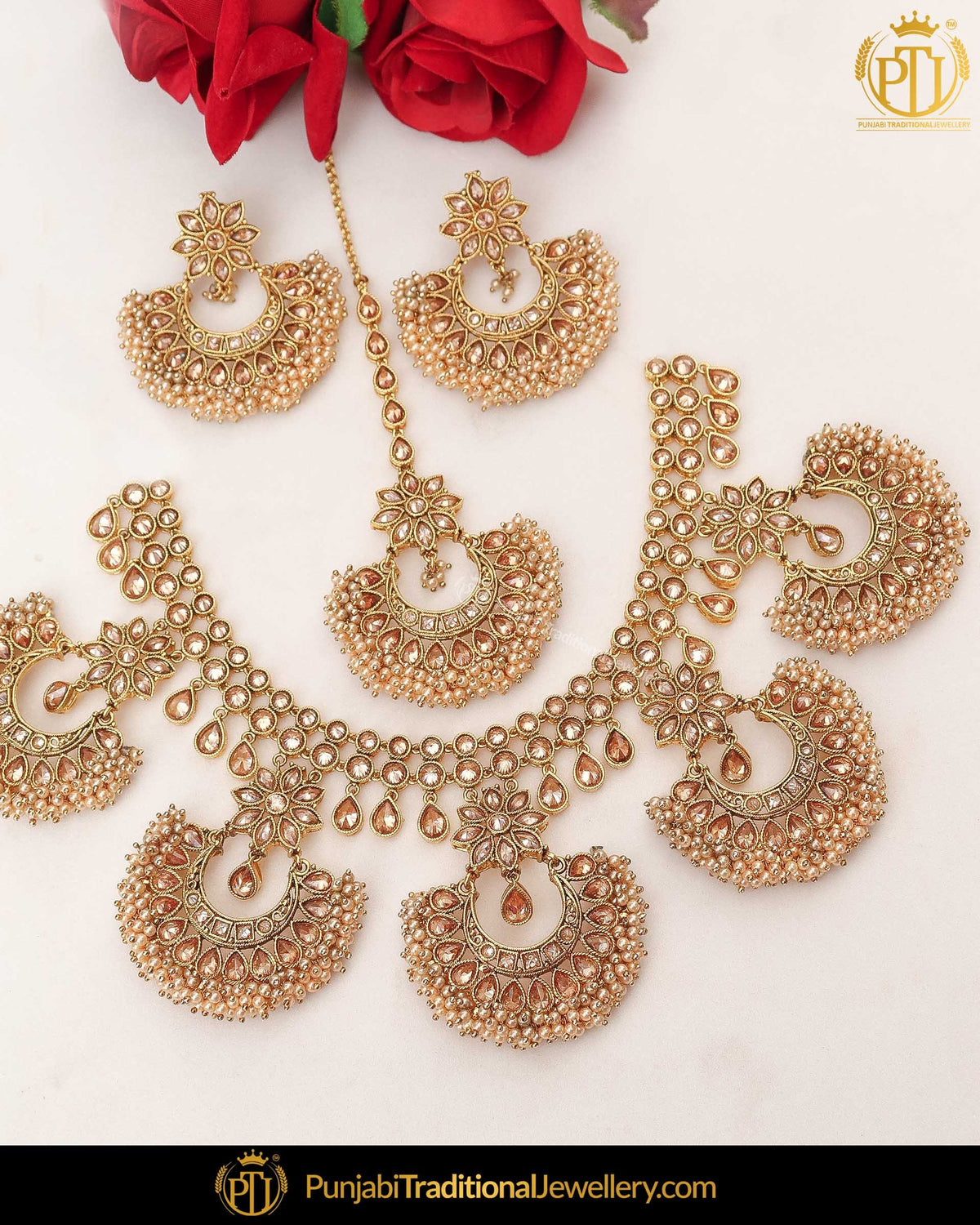 Gold Finished Champagne Stone Pearl Choker Necklace Set | Punjabi Traditional Jewellery Exclusive