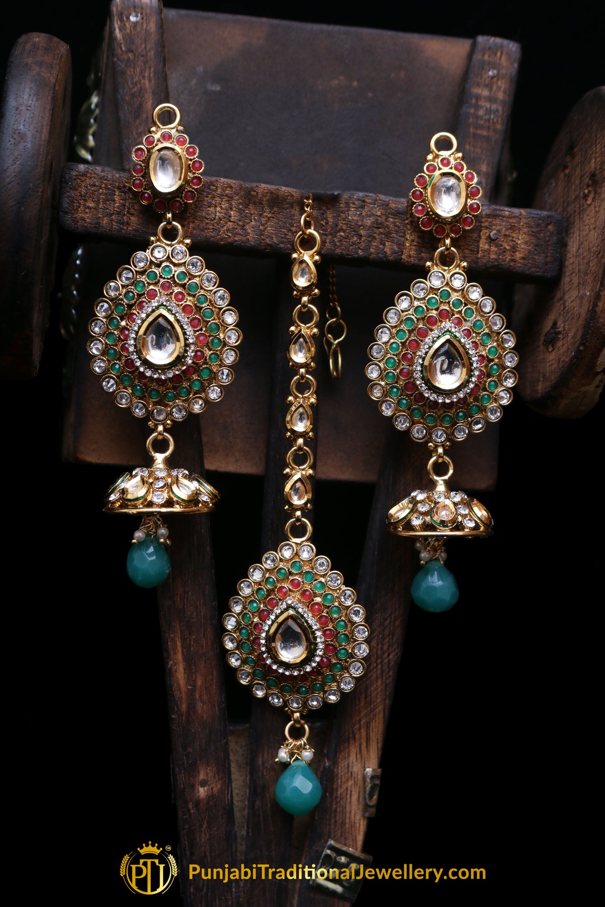 Green Maroon Polki Earring Tikka Set By Punjabi Traditional Jewellery