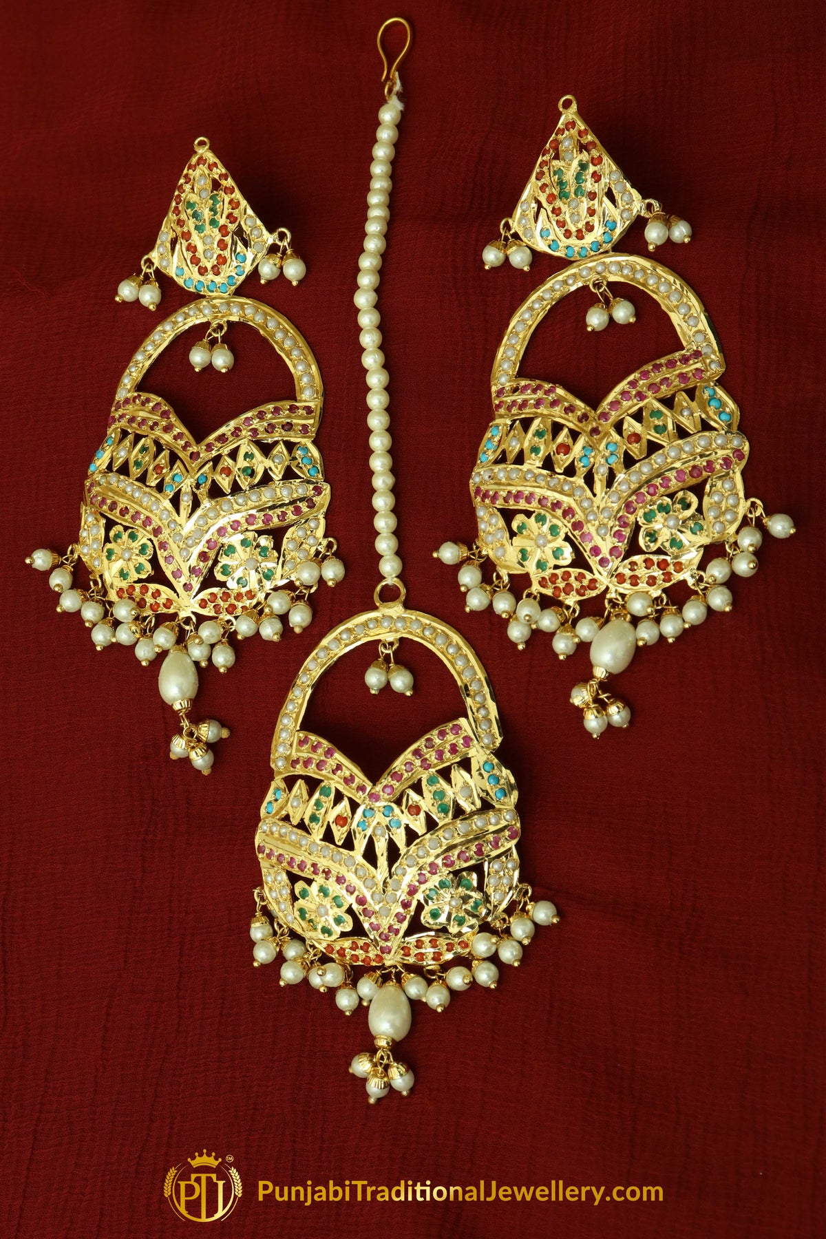 Gold Finished Navratan Jadau Earring Tikka Set By Punjabi Traditional Jewellery