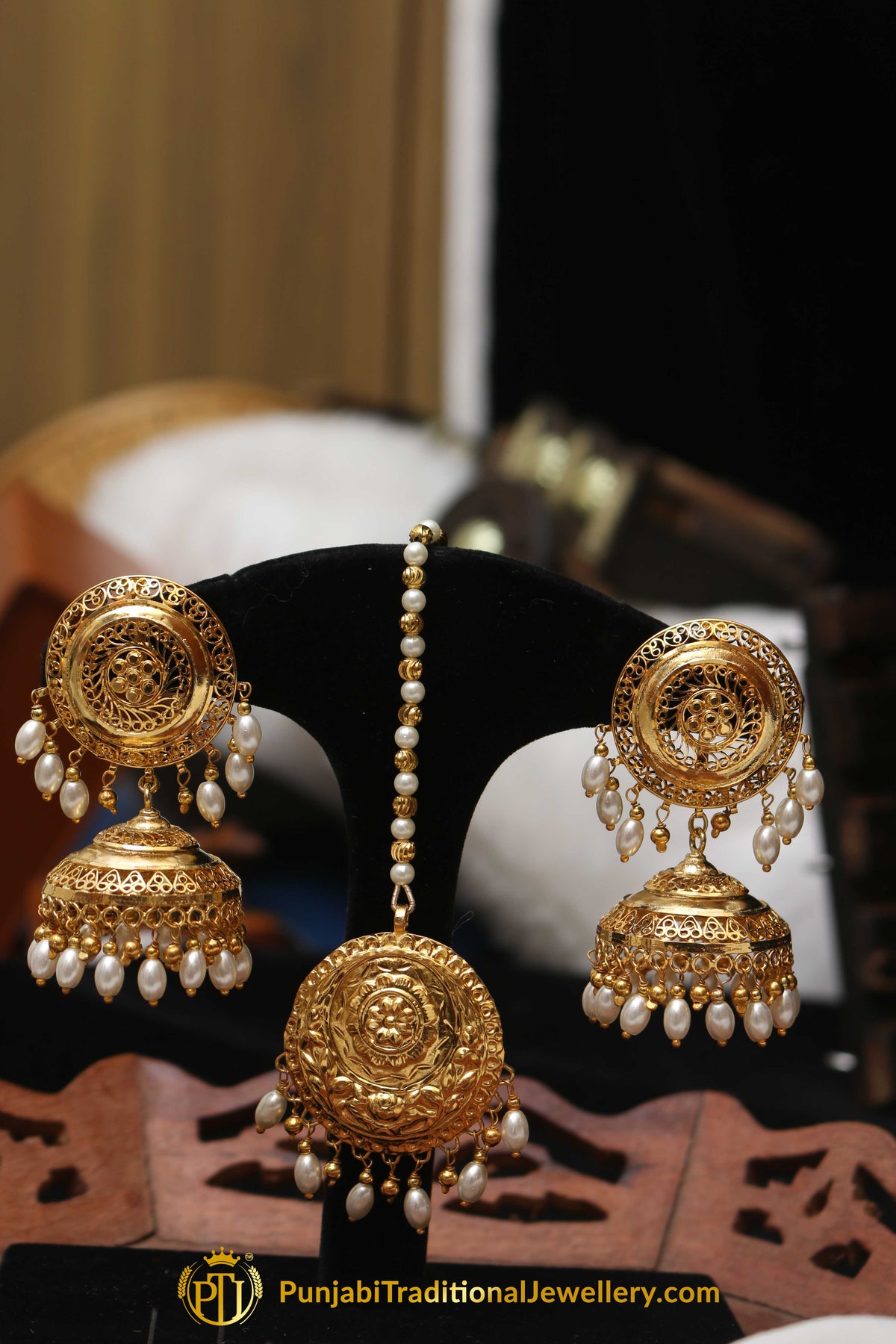 Golden Jadau Earring Tikka Set By Punjabi Traditional Jewellery