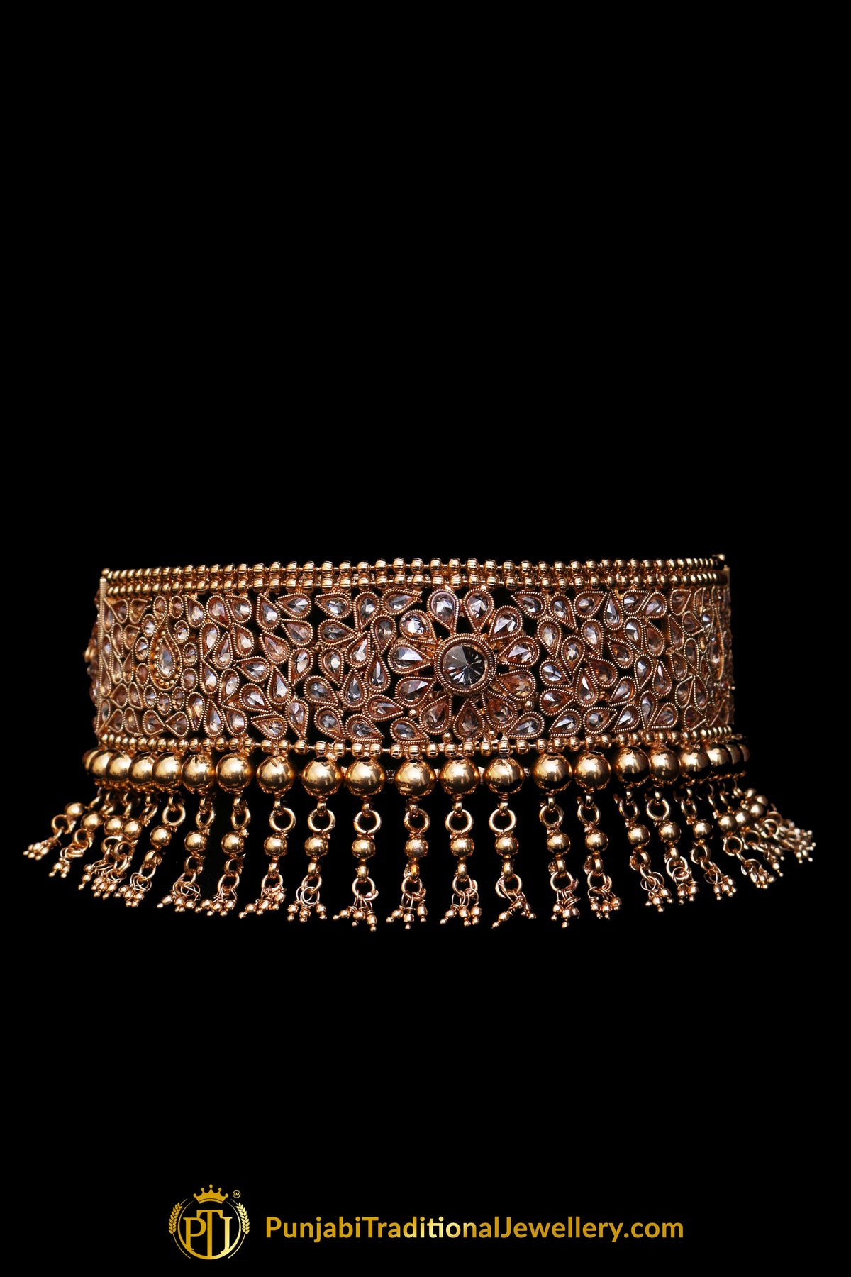Champagne Stone Pearl Choker Necklace Set By Punjabi Traditional Jewellery
