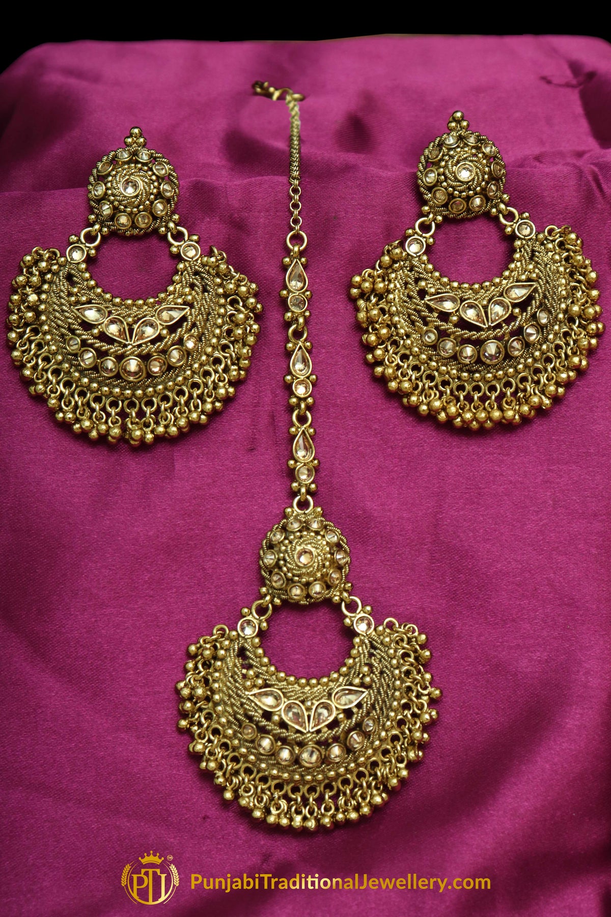 Gold Finished Champagne Stone Earring Tikka Set By Punjabi Traditional Jewellery