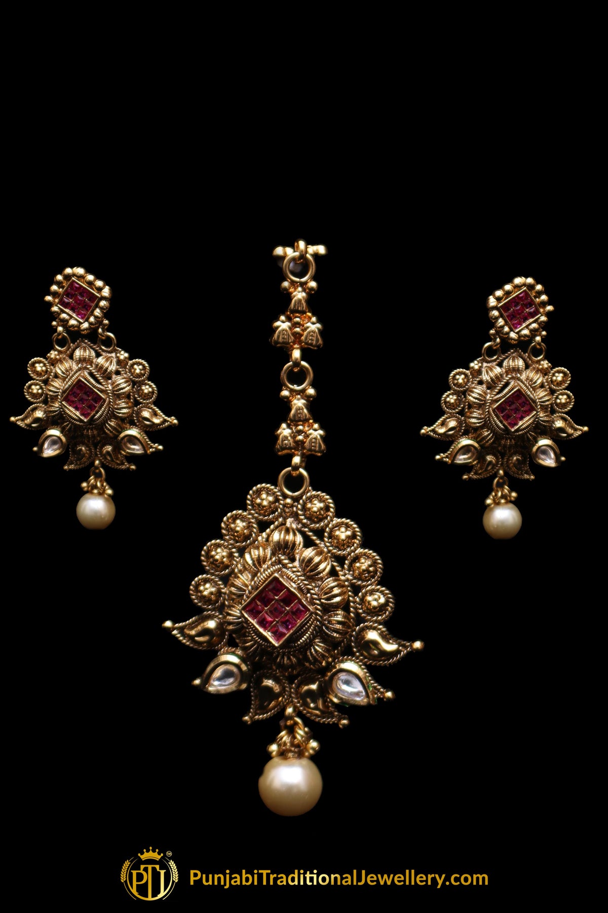 Red Antique Gold Choker Necklace Set By Punjabi Traditional Jewellery