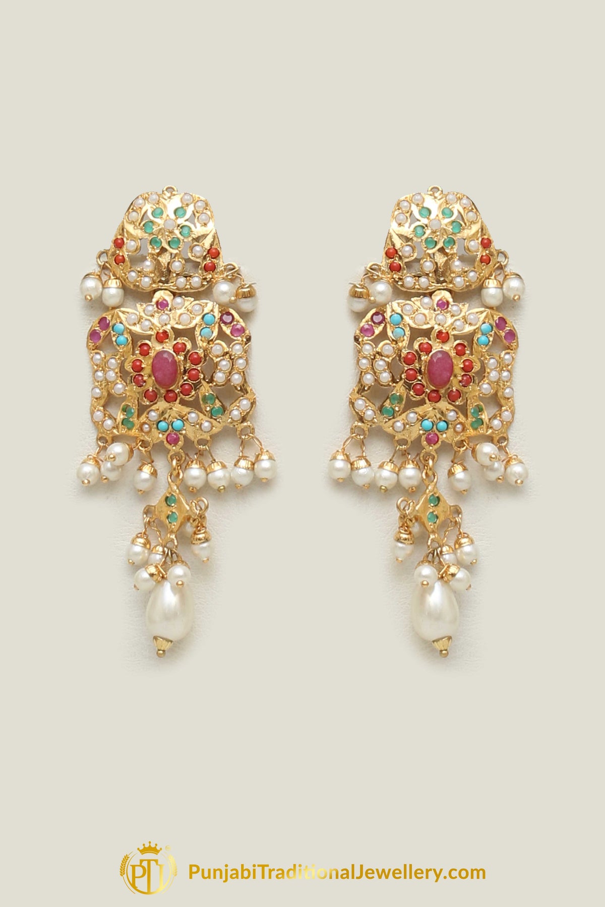 Jadau Multi Pearl Necklace Set By Punjabi Traditional Jewellery