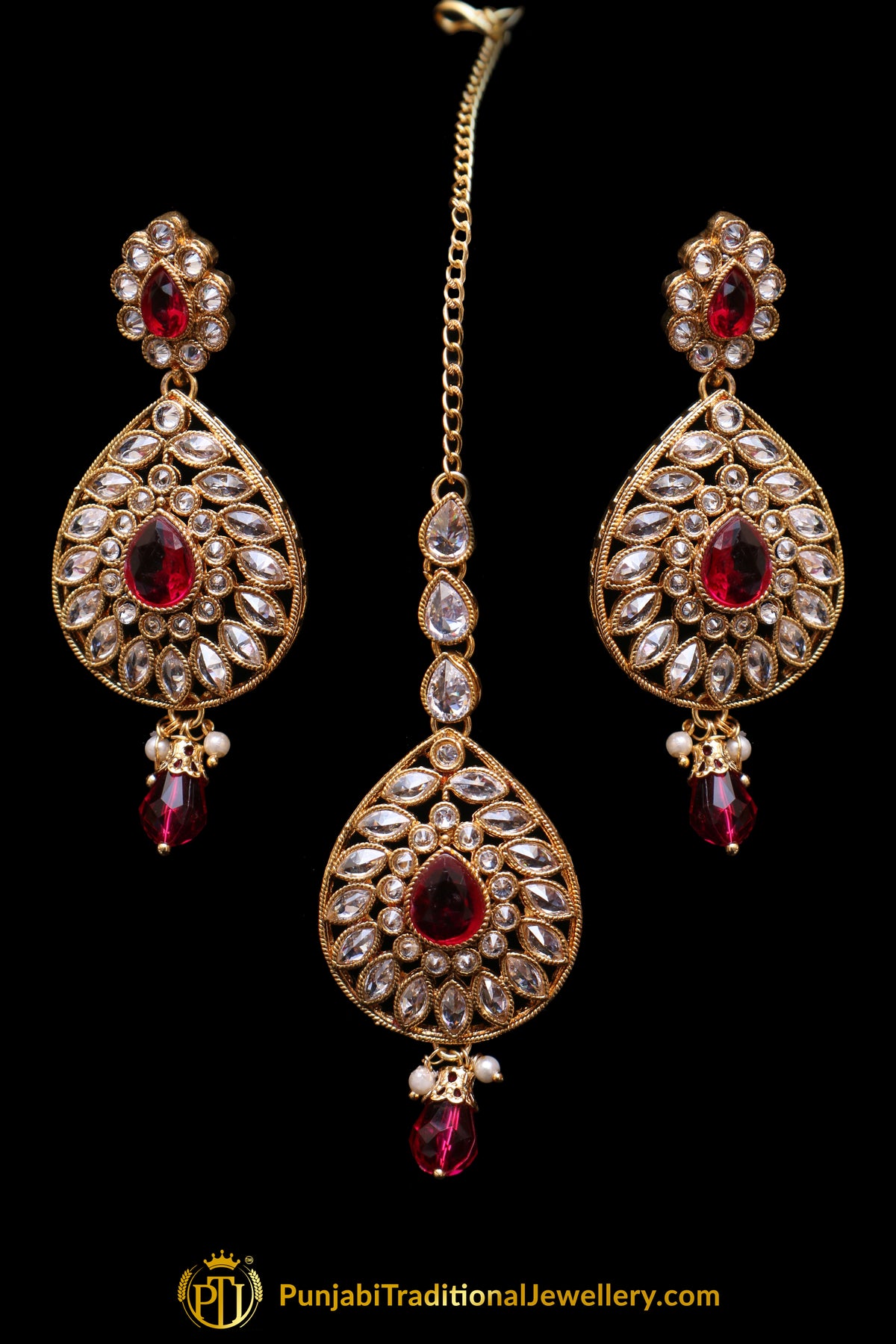 Red Polki Earring Tikka Set By Punjabi Traditional Jewellery