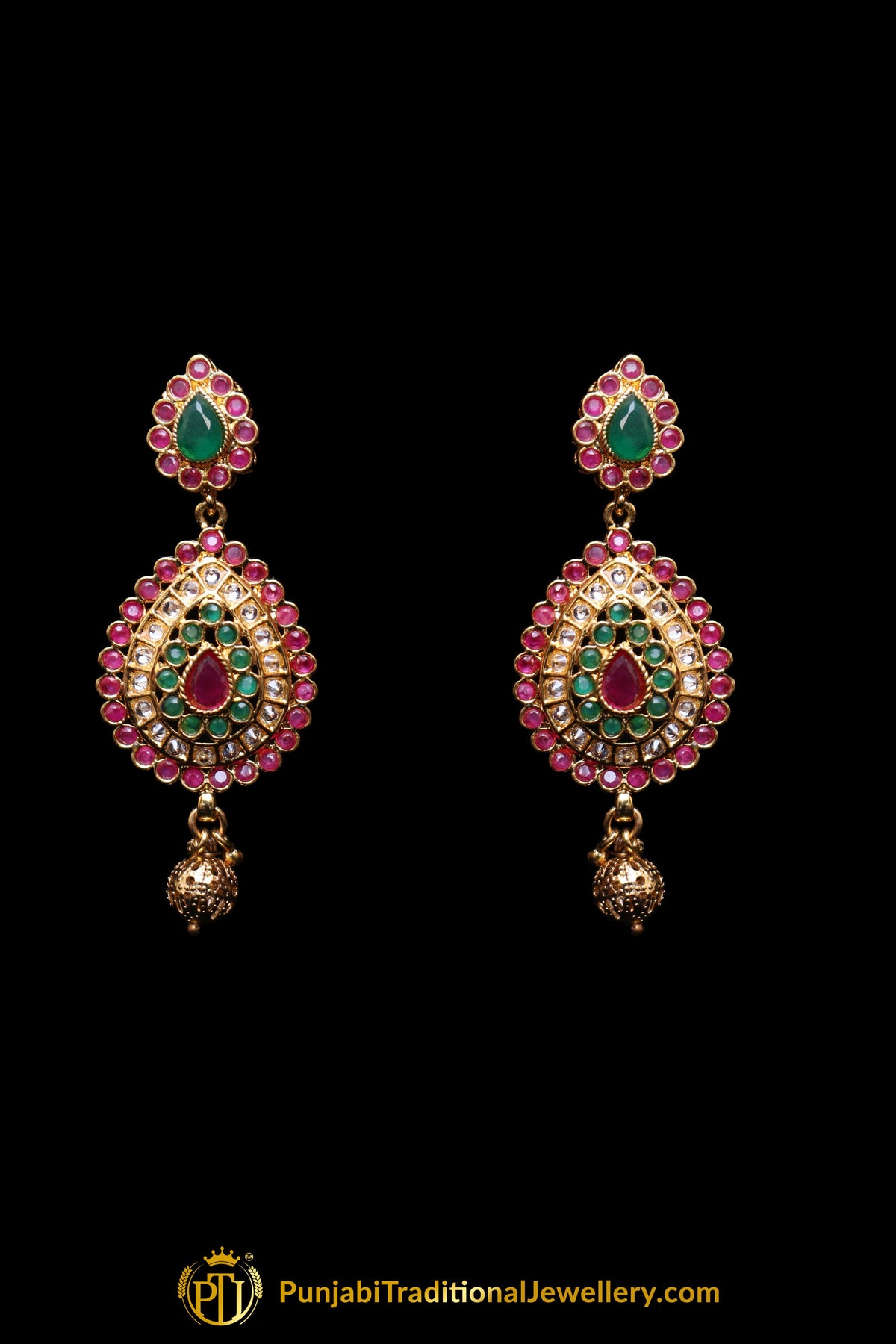 Green Red Polki Antique Gold Necklace Set By Punjabi Traditional Jewellery
