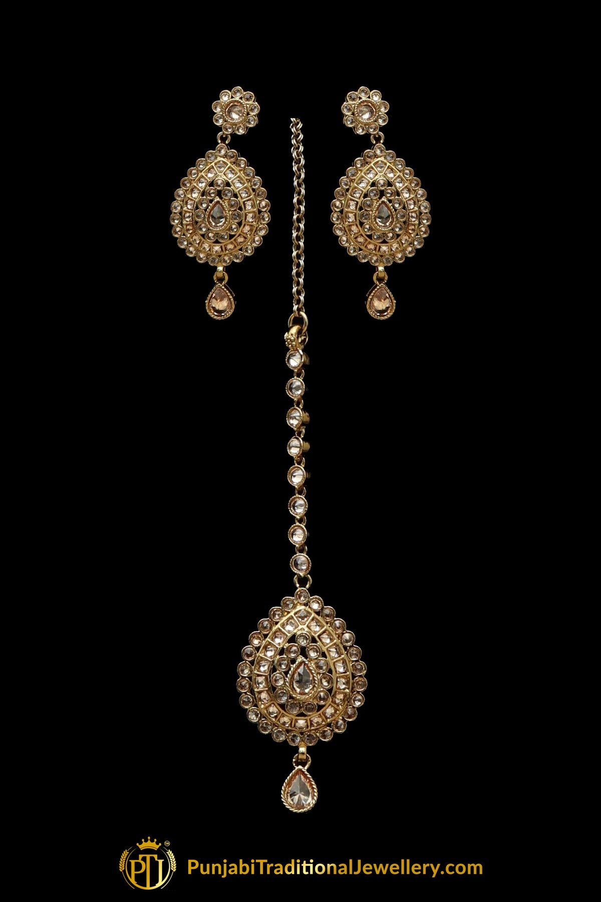 Golden Champagne Stone Necklace Set By Punjabi Traditional Jewellery