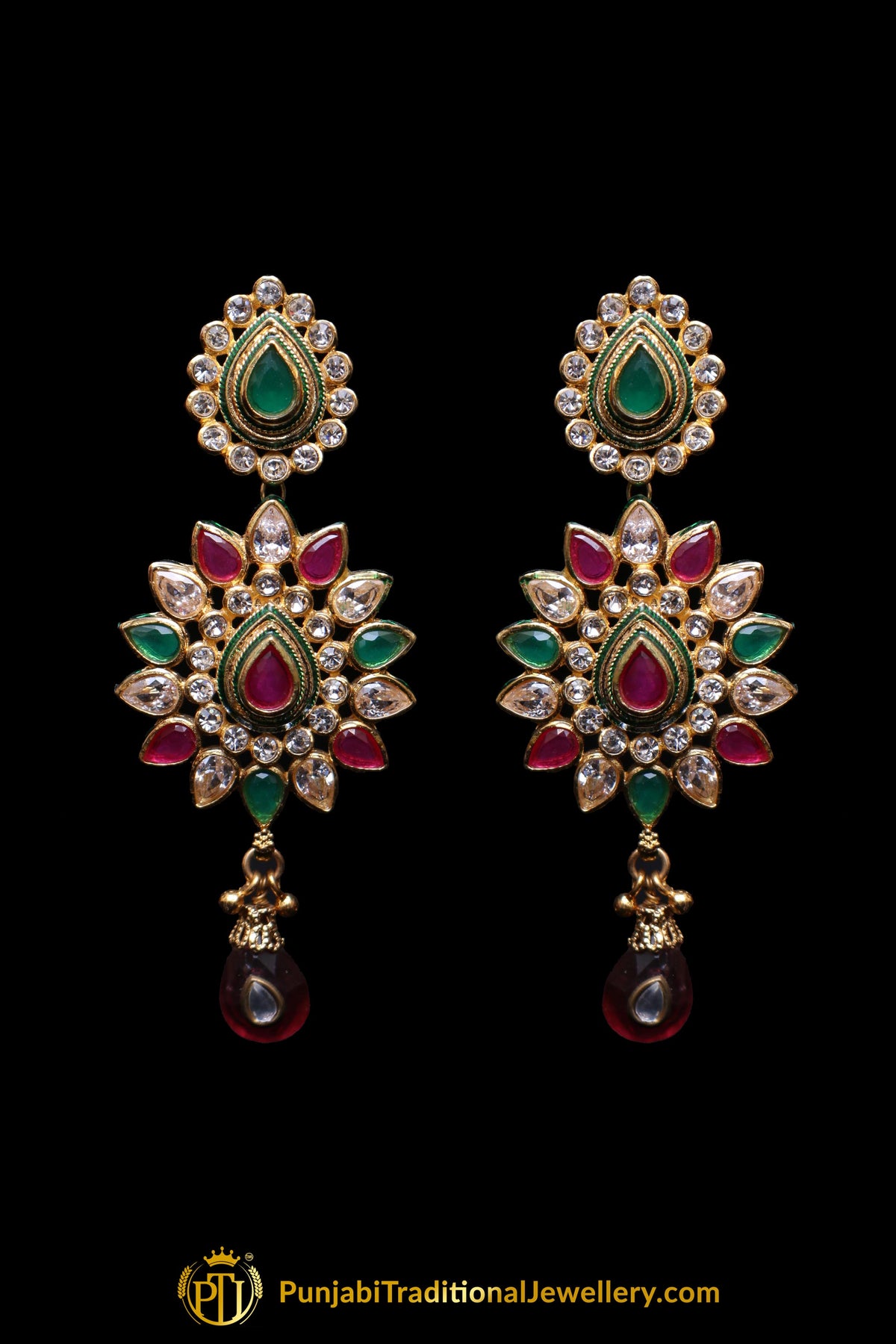 Green Red Meena Kundan Necklace Set By Punjabi Traditional Jewellery