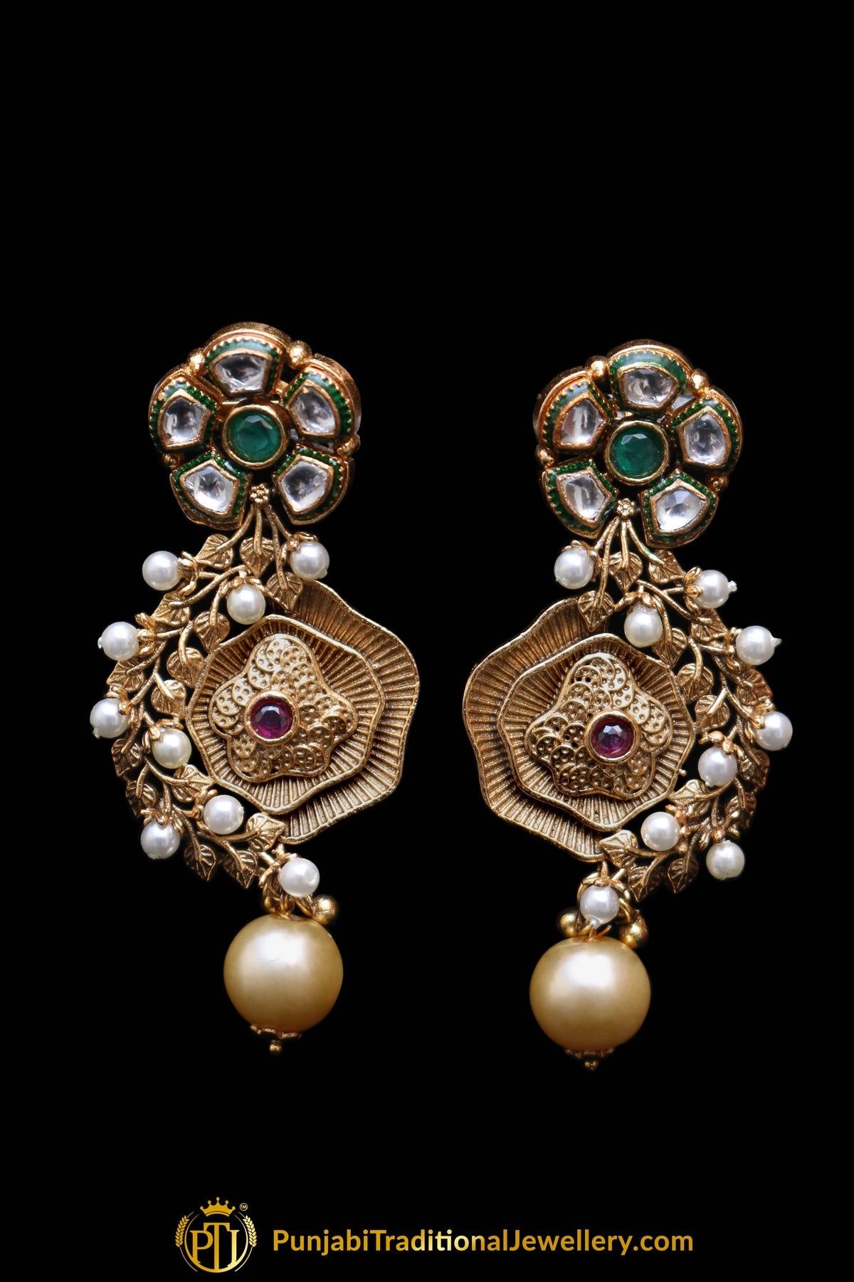 Red Green Antique Gold Necklace Set By Punjabi Traditional Jewellery