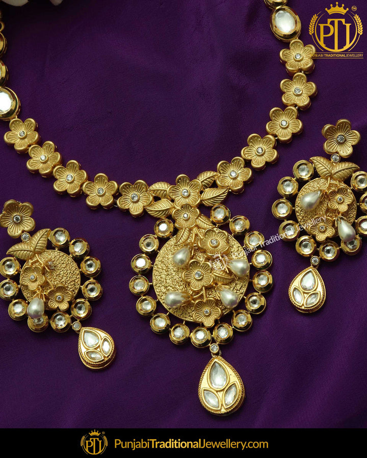 Matt Gold Kundan Pearl Necklace Set By Punjabi Taditional Jewellery