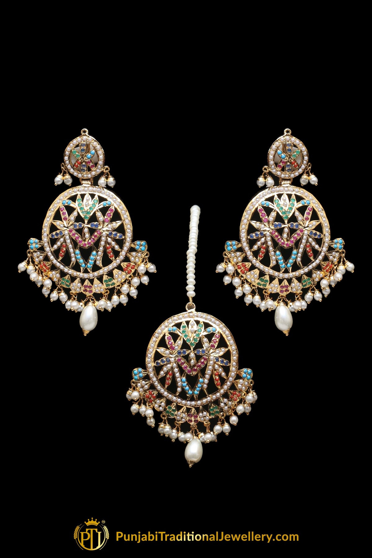 Multi Jadau Pearl Necklace Set By Punjabi Traditional Jewellery