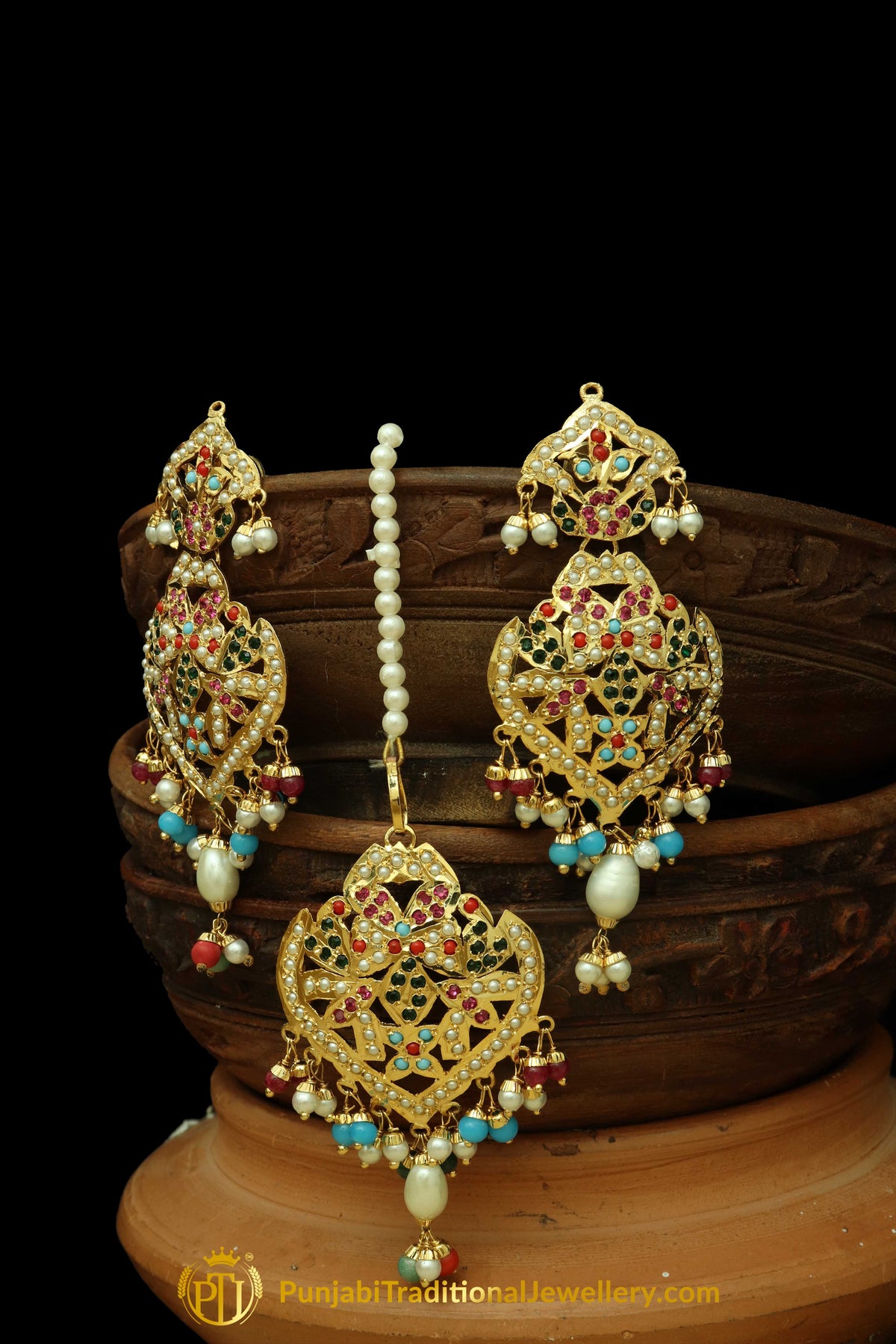 Multi Jadau Pearl Earring Tikka Set By Punjabi Traditional Jewellery