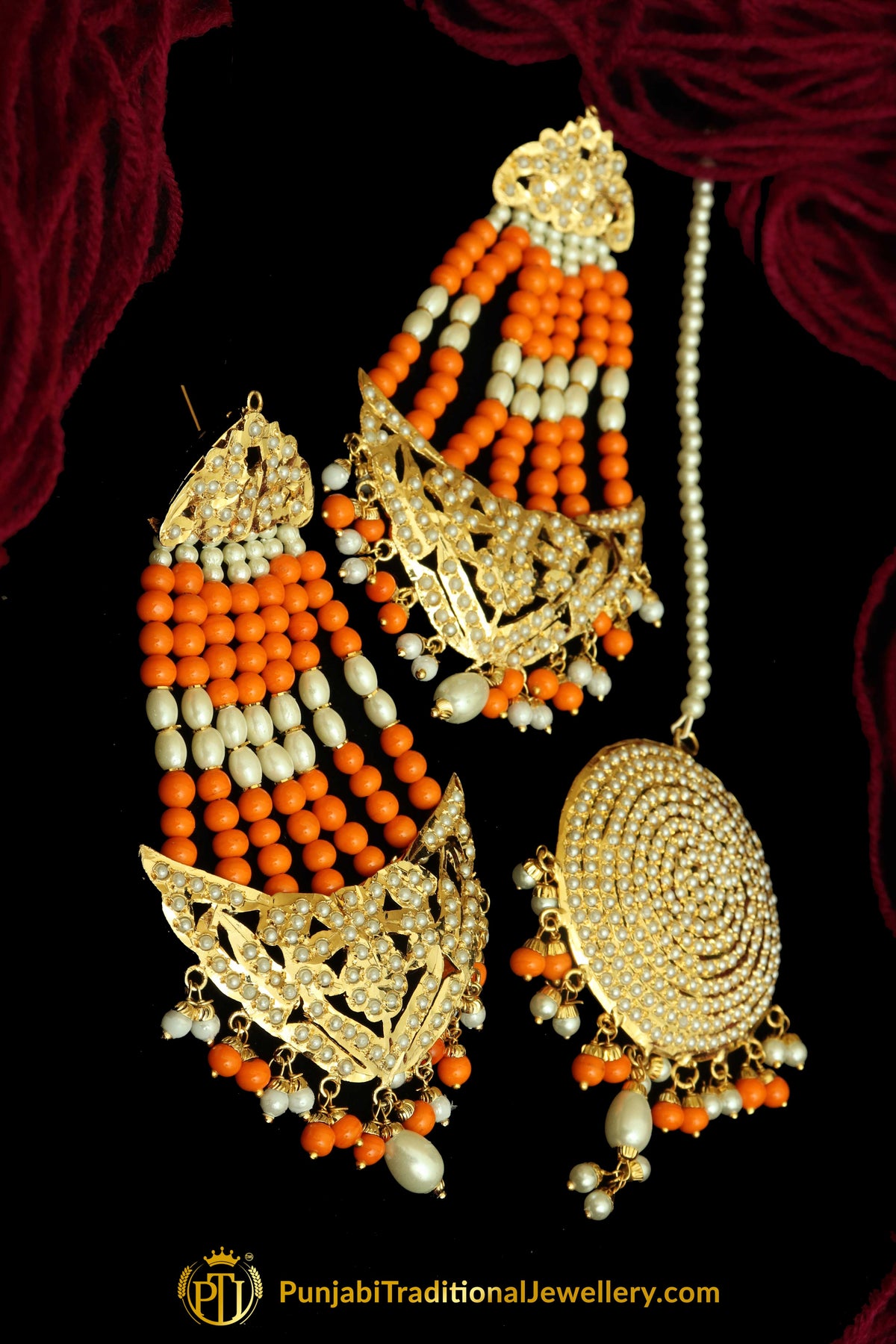 Orange Jadau Pearl Jhumar Earrings & Tikka Set By Punjabi Traditional Jewellery
