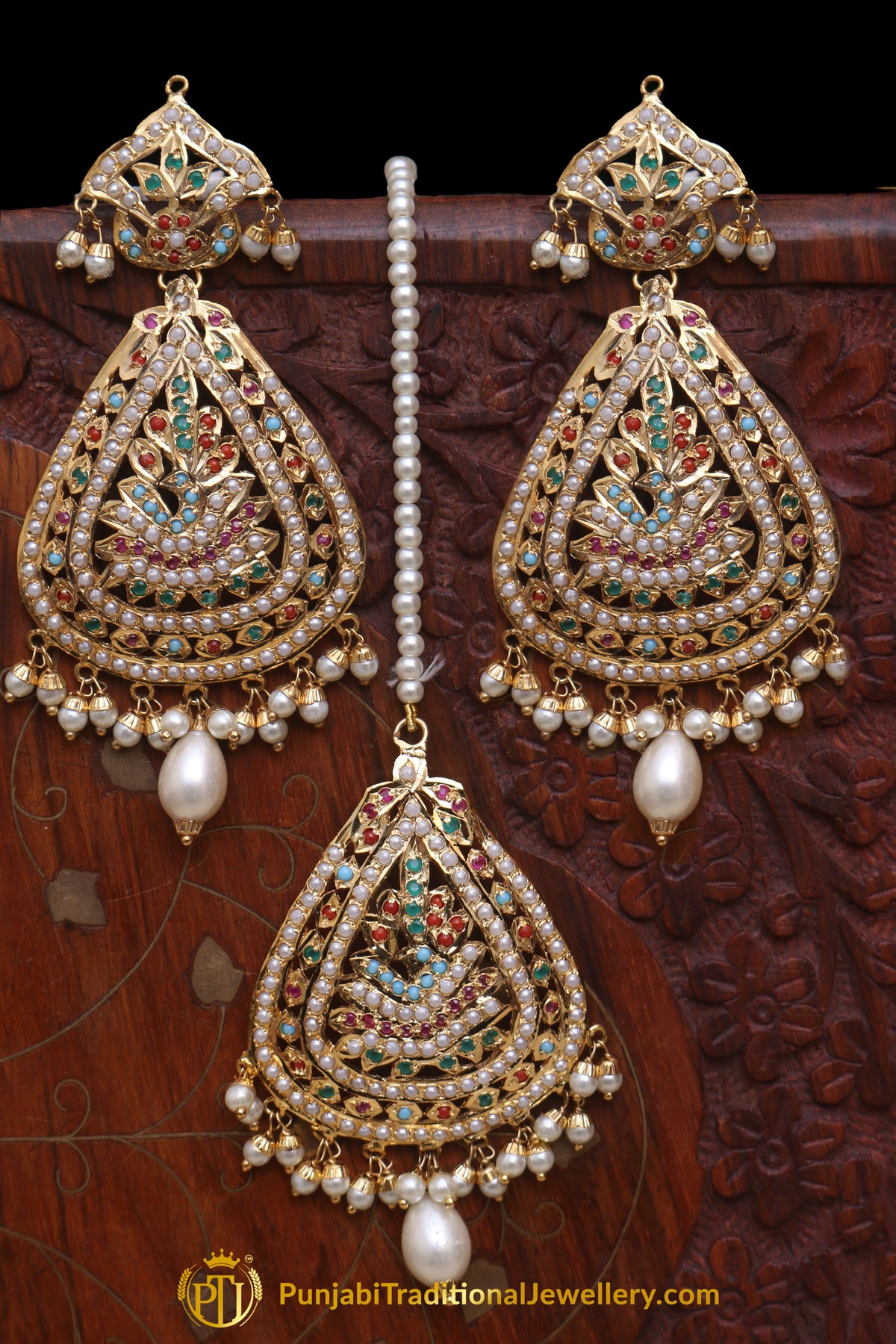 Multi Jadau Pearl Earring Tikka Set By Punjabi Traditional Jewellery