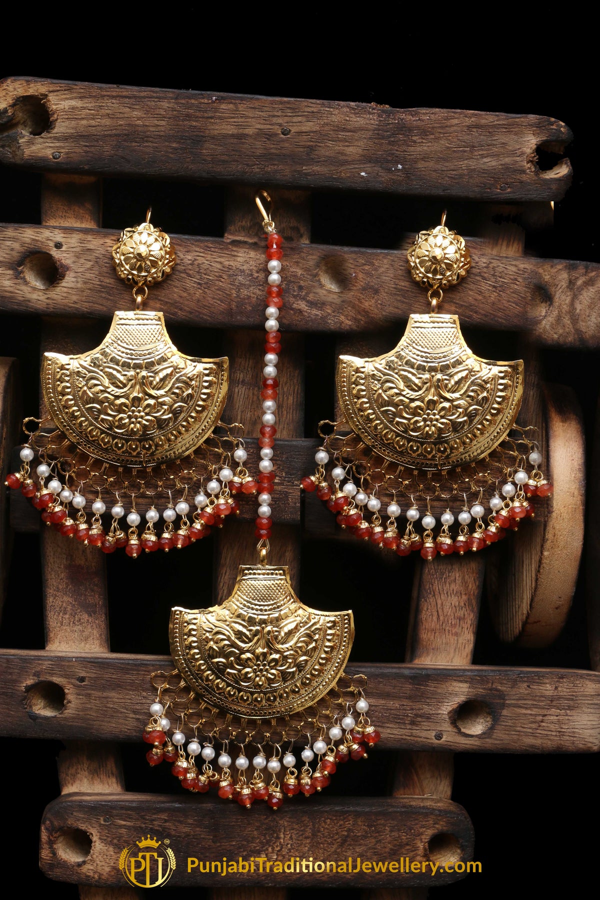 Aamira Gold Plated Orange Earring Tikka Set By Punjabi Traditional Jewellery