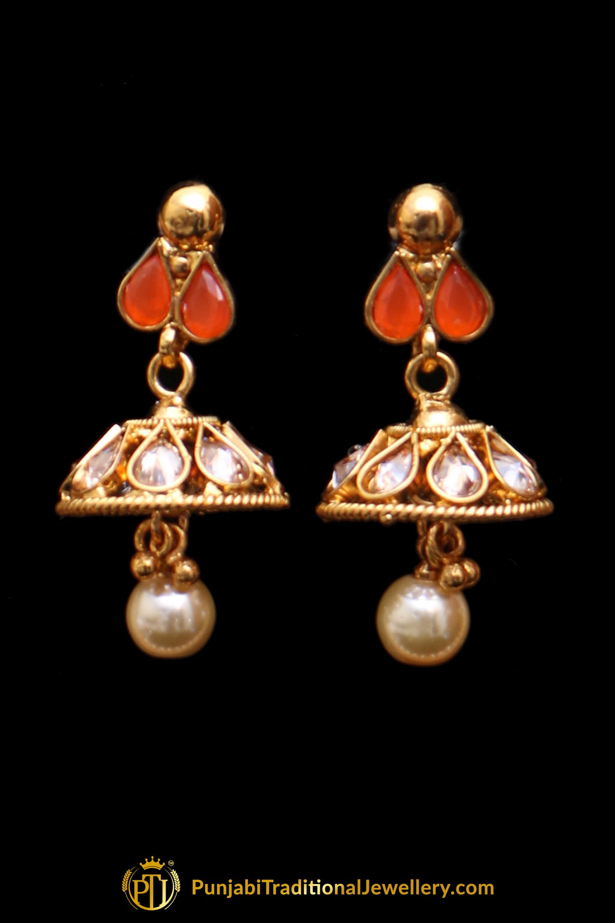 Orange Polki Pearl Necklace Set By Punjabi Taditional Jewellery