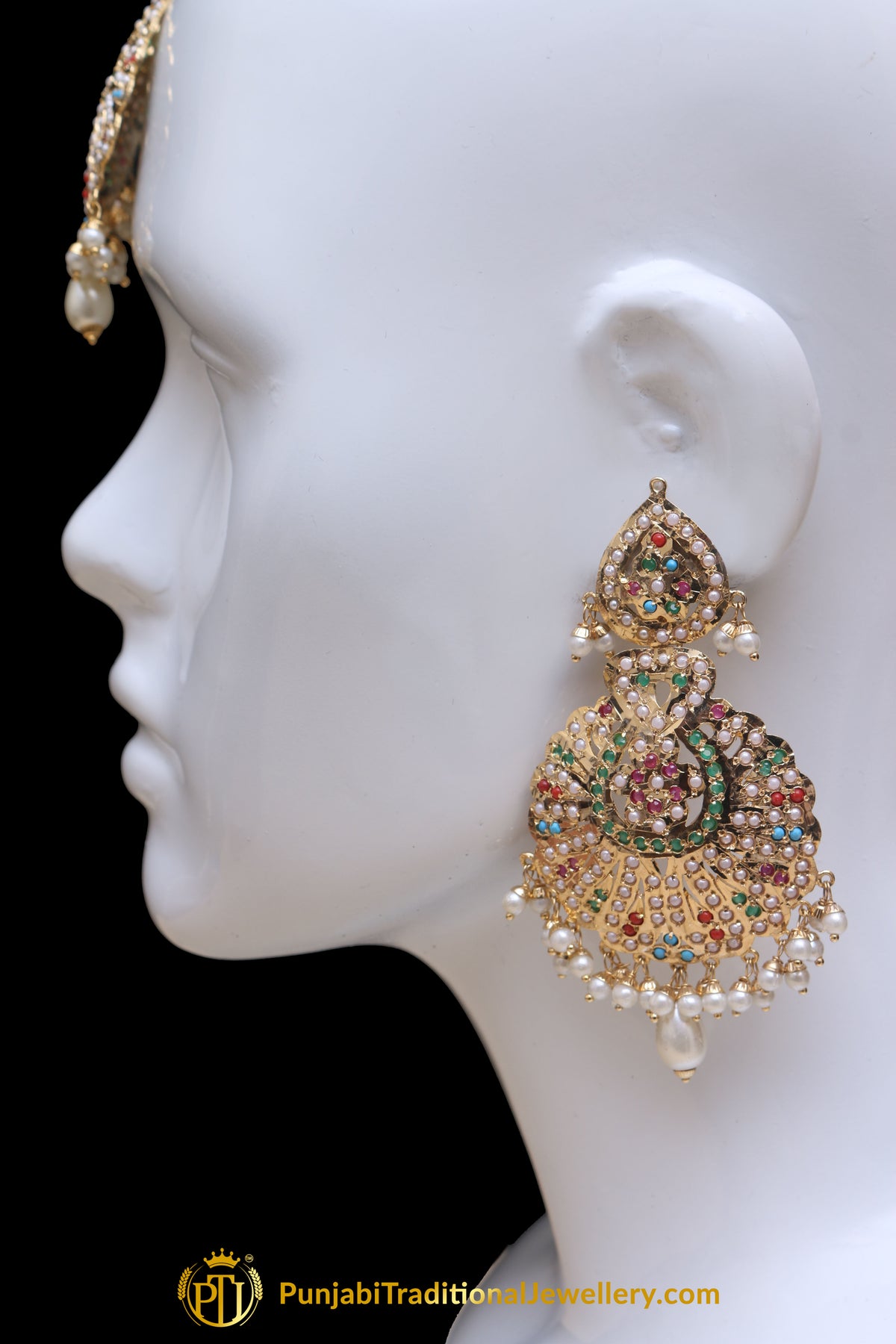 Multi Jadau Pearl Earring Tikka Set By Punjabi Traditional Jewellery