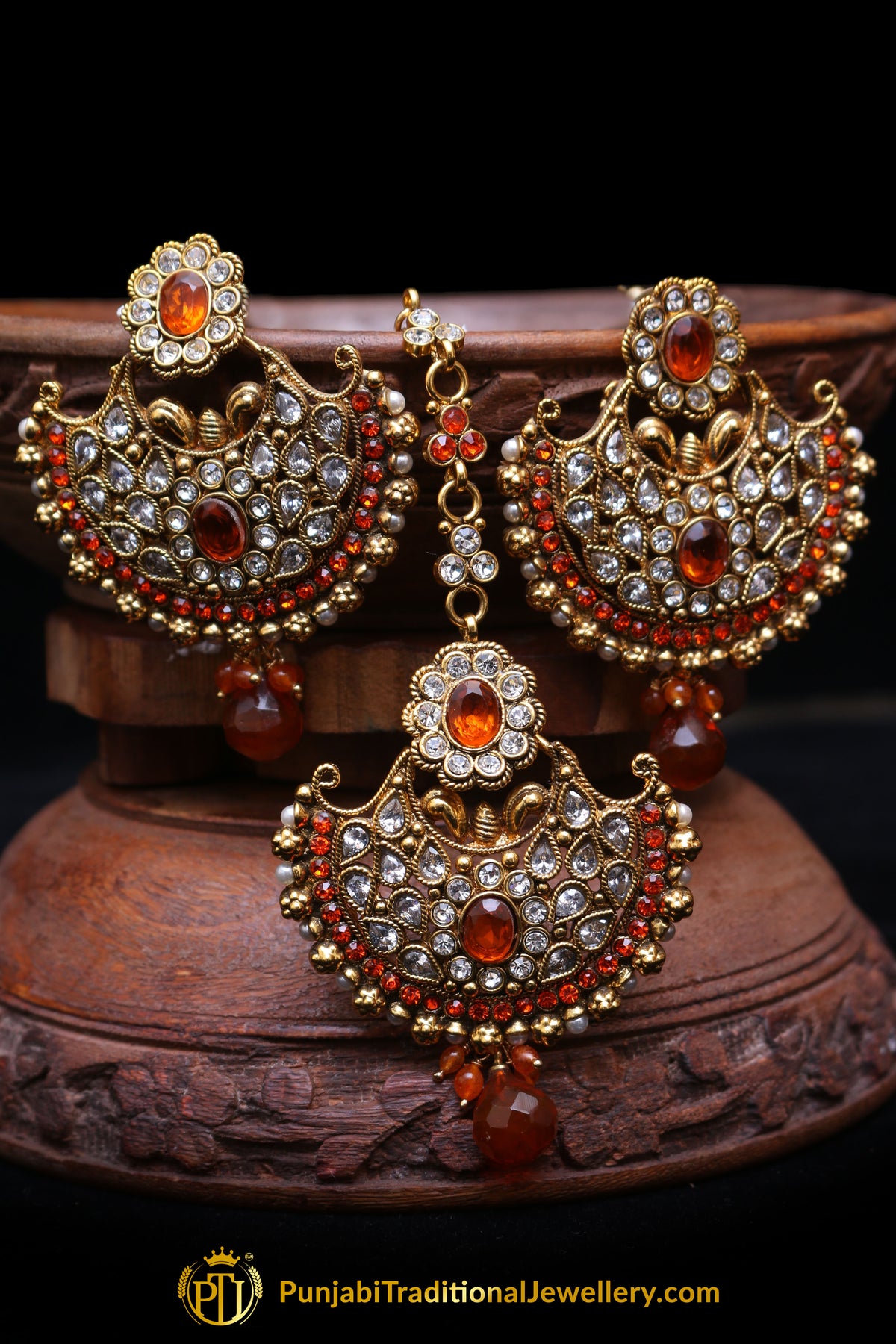 Orange Polki Earring Tikka Set By Punjabi Traditional Jewellery