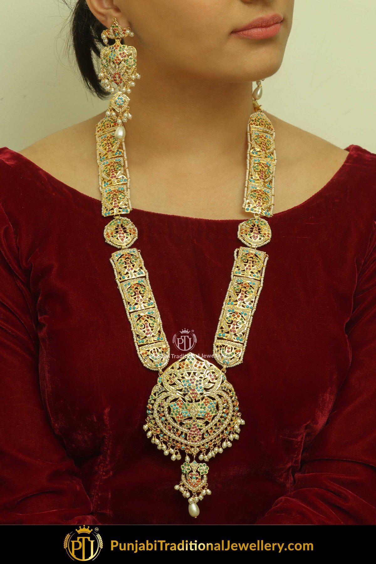 Gold Finished Navratan Jadau Long Necklace & Earrings | Punjabi Traditional Jewellery Exclusive