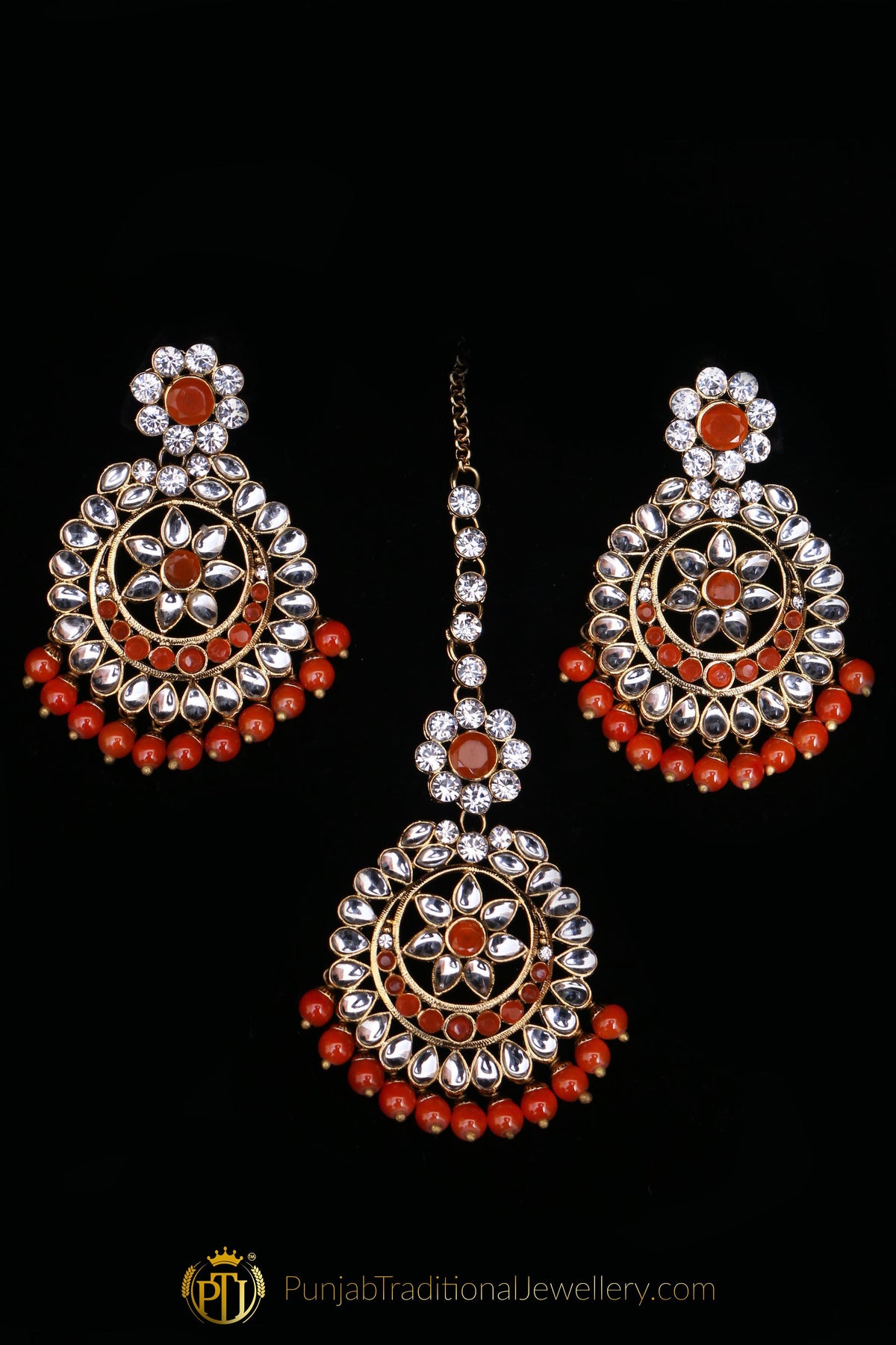 Orange Kundan Necklace Set By Punjabi Traditional Jewellery