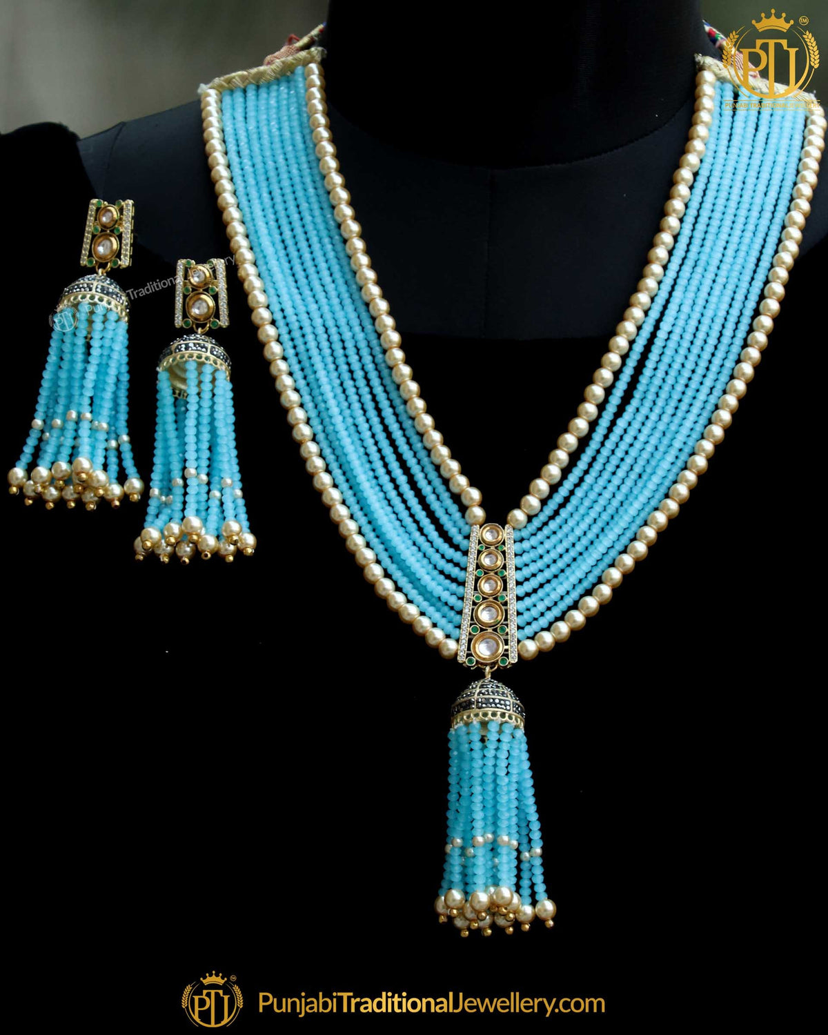 Gold Finished Firozi Pearl Crystal Necklace Set | Punjabi Traditional Jewellery Exclusive