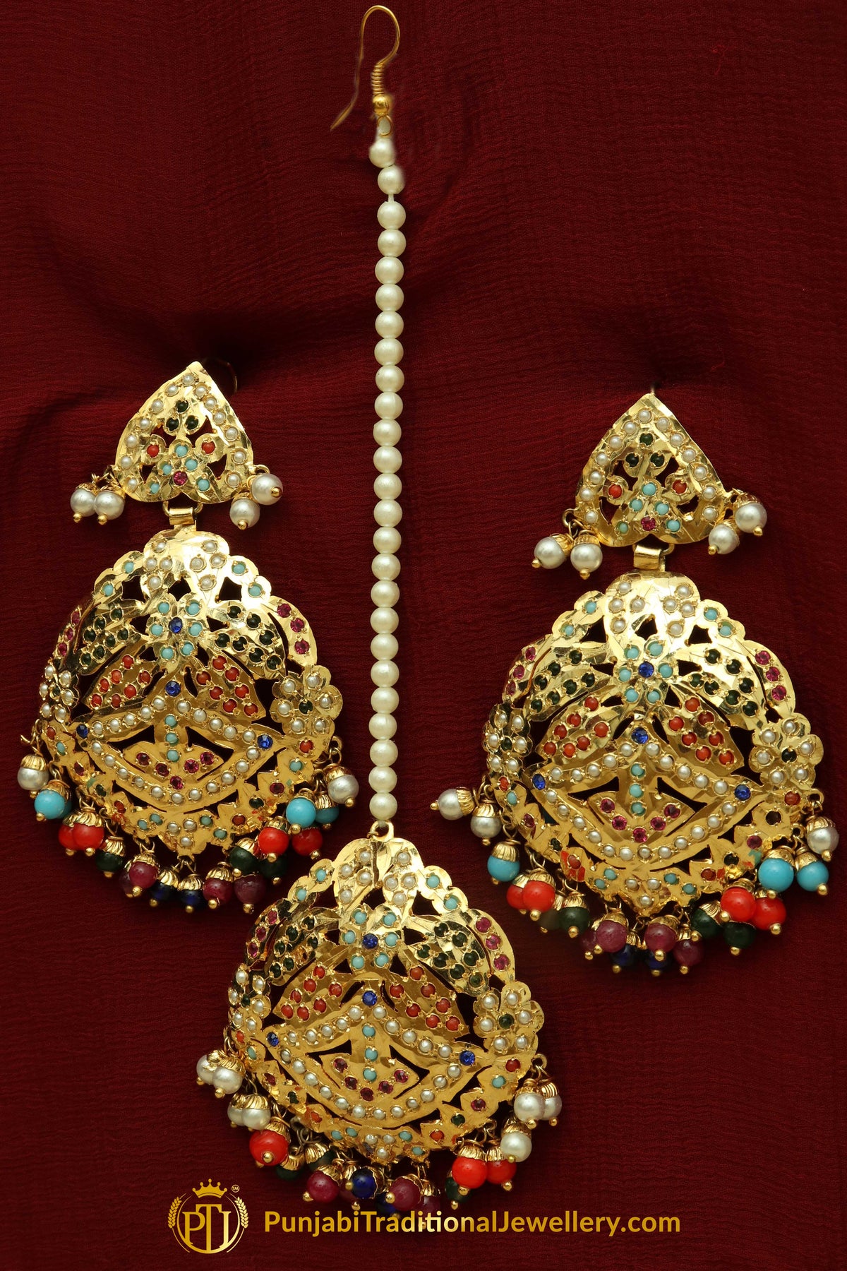Multi Jadau Pearl Earring Tikka Set By Punjabi Traditional Jewellery