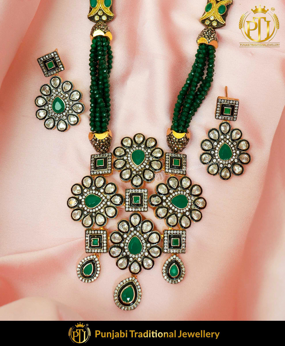 Gold Finished Emerald Victorian Set | Punjabi Traditional Jewellery Exclusive