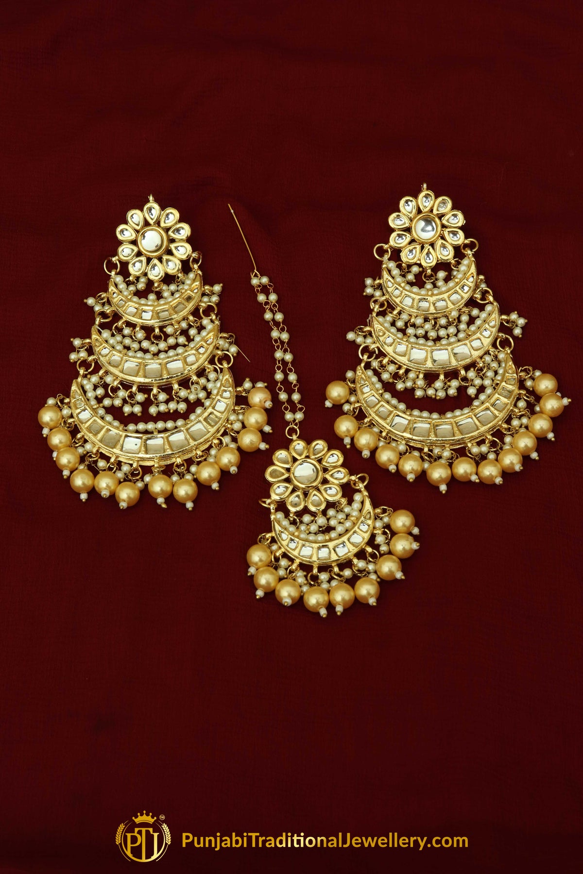 Golden Kundan Earring Tikka Set By Punjabi Traditional Jewellery