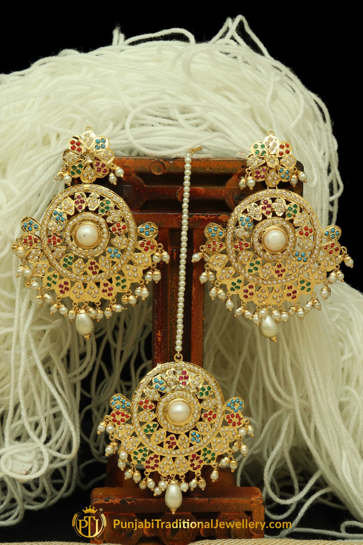 Multi Jadau Pearl Earring Tikka Set By Punjabi Traditional Jewellery