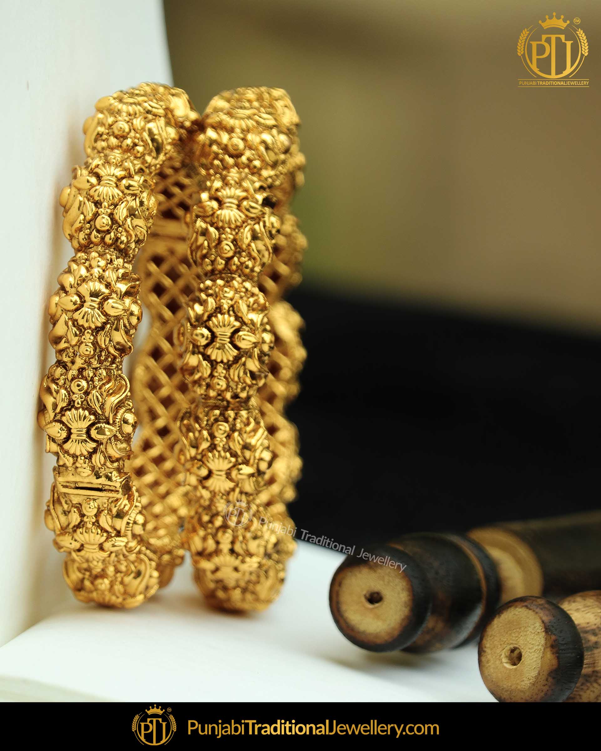 Antique Gold Plated Gokhdu Openable Bangles (Pair) | Punjabi Traditional Jewellery Exclusive
