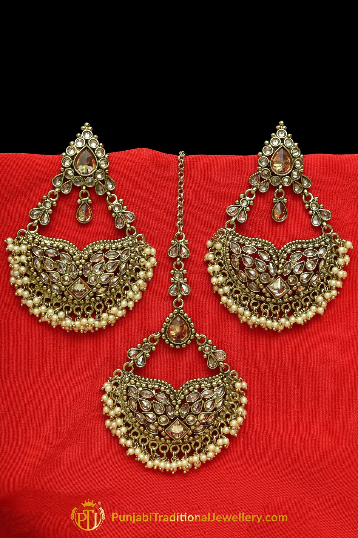 Gold Finished Champagne Stone Earring Tikka Set By Punjabi Traditional Jewellery