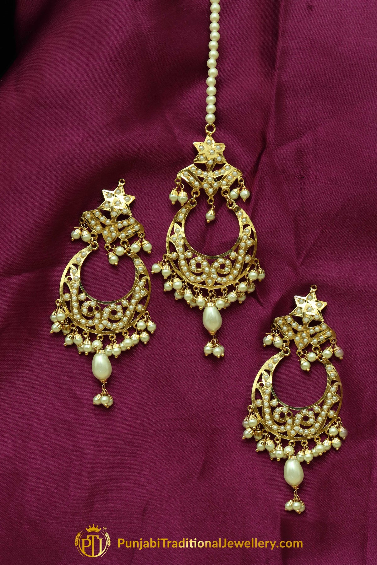 Golden Jadau Pearl Earring Tikka Set By Punjabi Traditional Jewellery