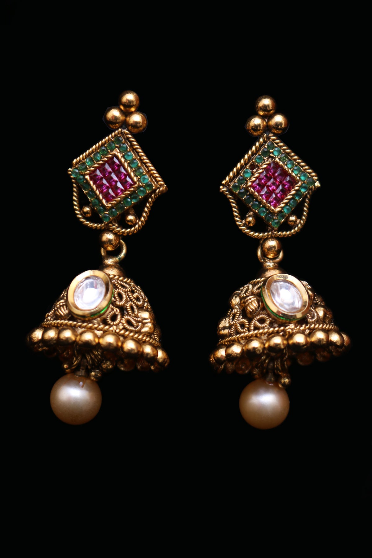 Ruhaniyat Maroon & Green Antique Gold Polki Necklace Set By Punjabi Traditional Jewellery