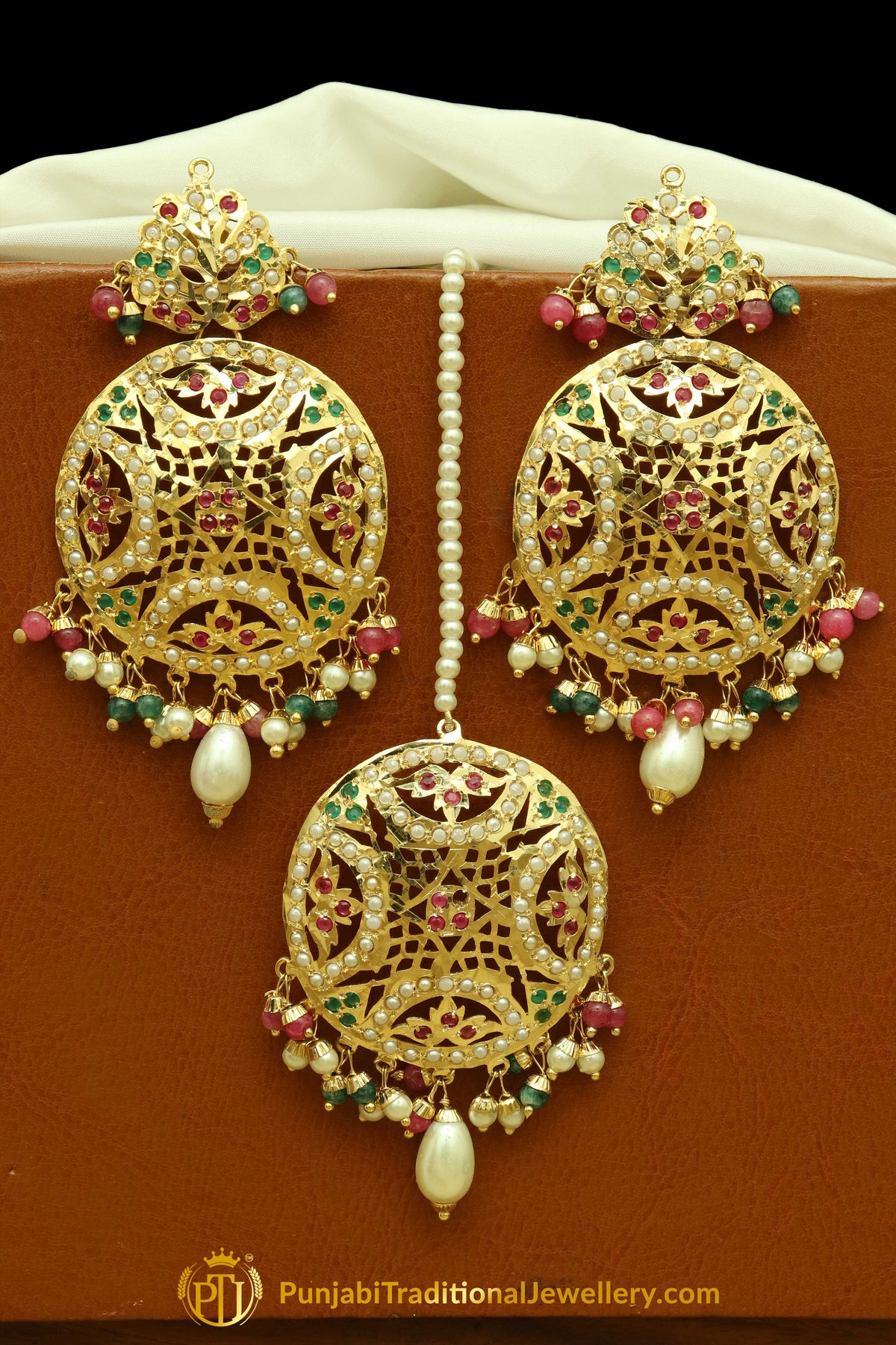 Gold Finished Navratan Jadau Earring Tikka Set By Punjabi Traditional Jewellery