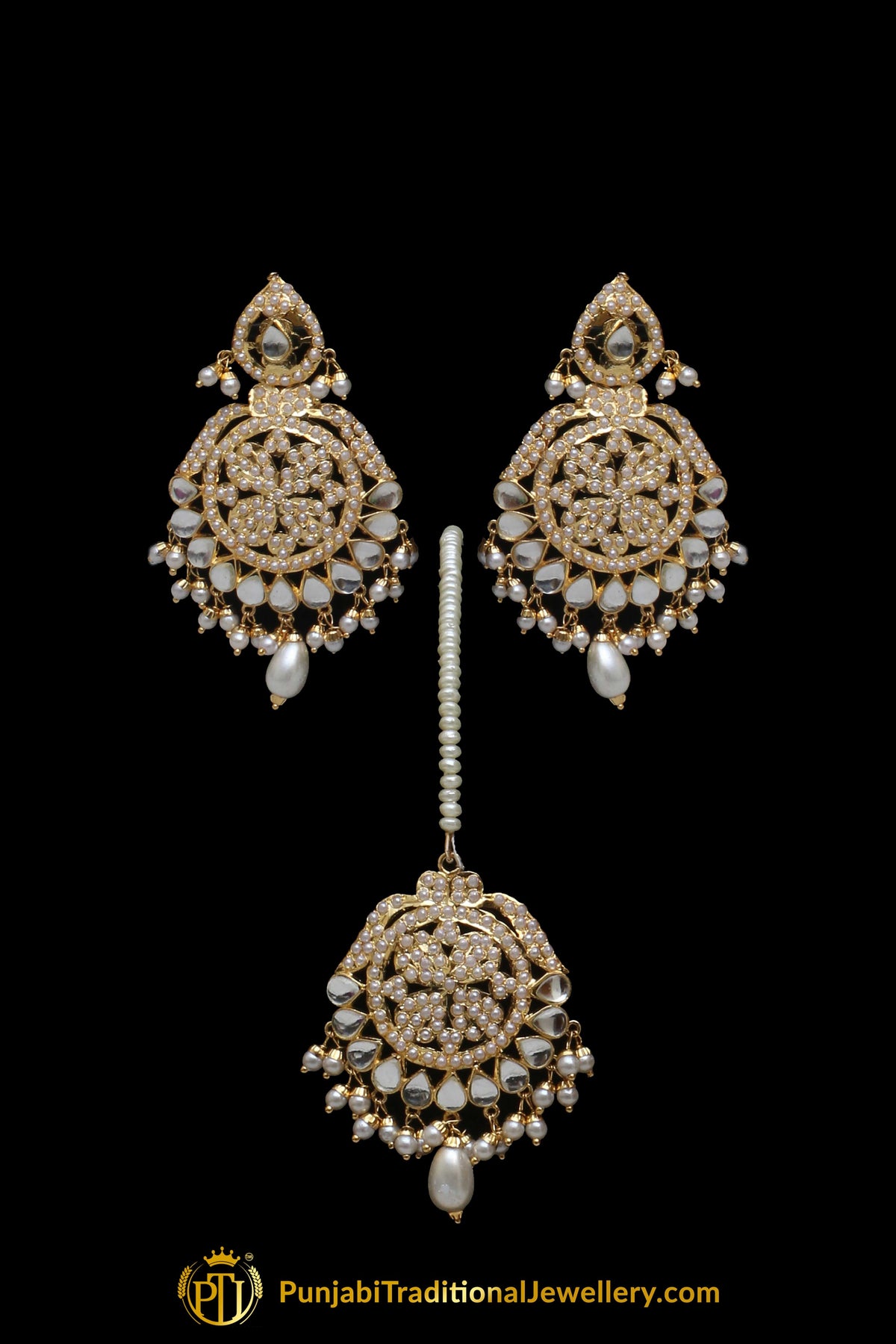 Golden Jadau Pearl Kundan Necklace Set By Punjabi Taditional Jewellery
