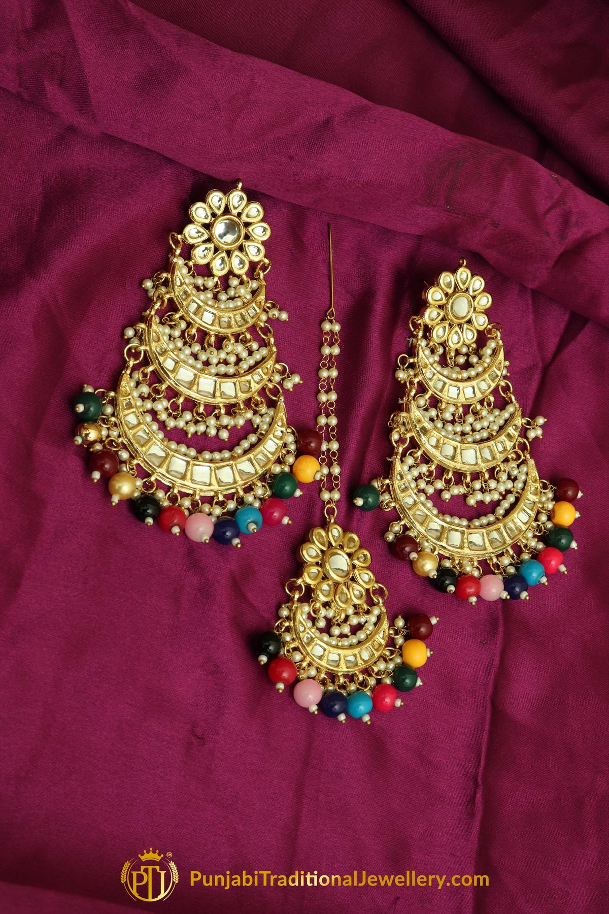 Multi Kundan Earring Tikka Set By Punjabi Traditional Jewellery