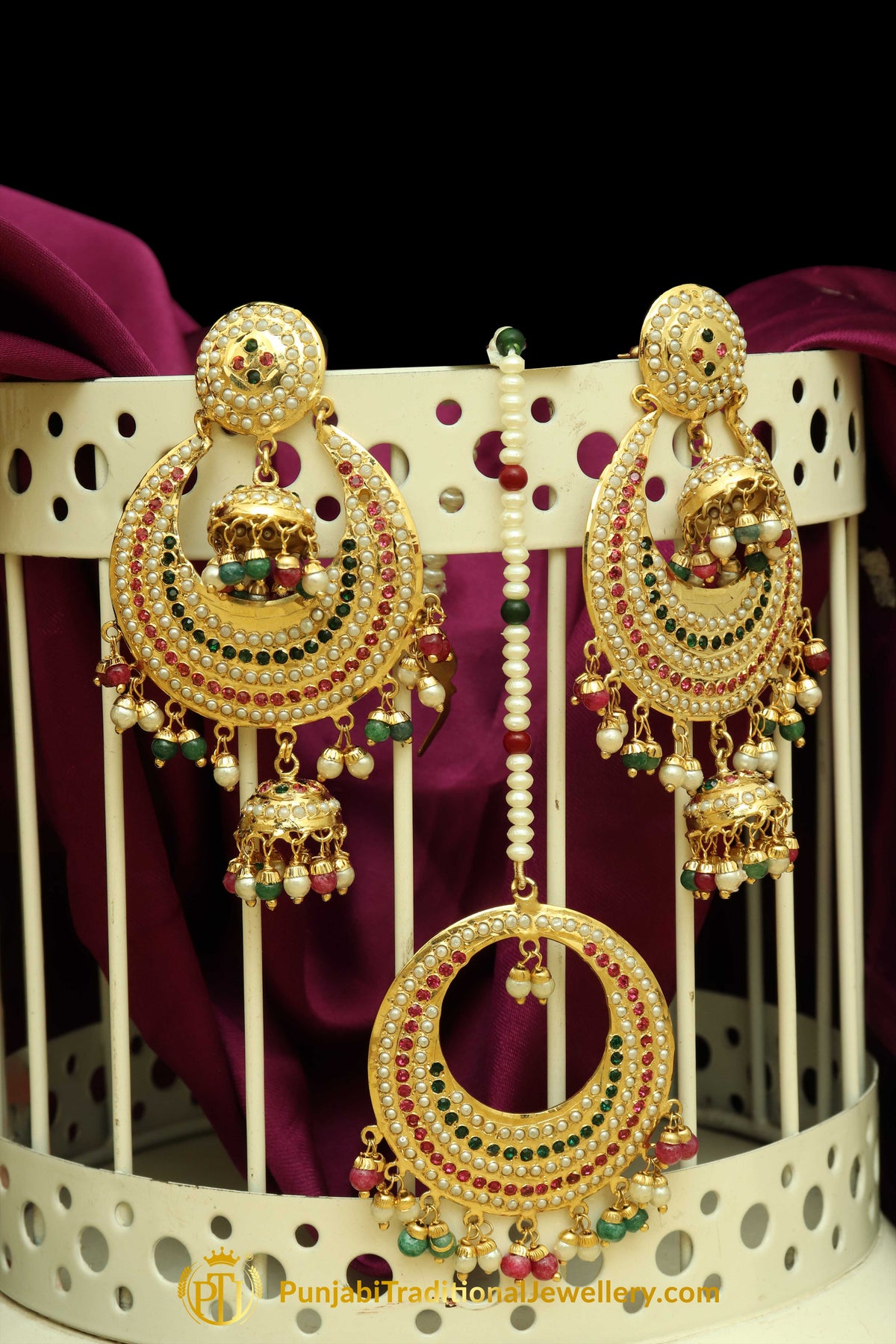 Multi Jadau Pearl Earring Tikka Set By Punjabi Traditional Jewellery